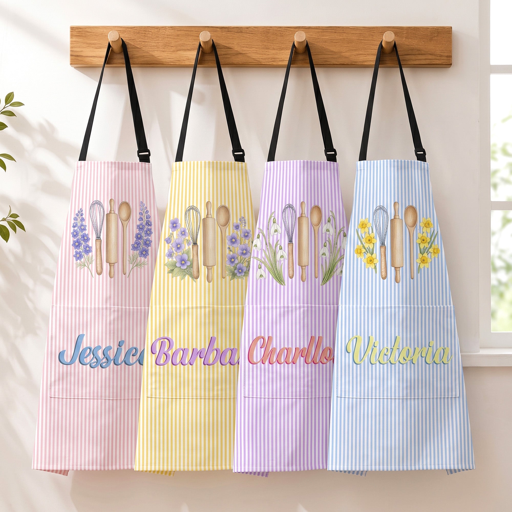 Custom Name & Birth Flower Striped Pattern - Personalized Apron
