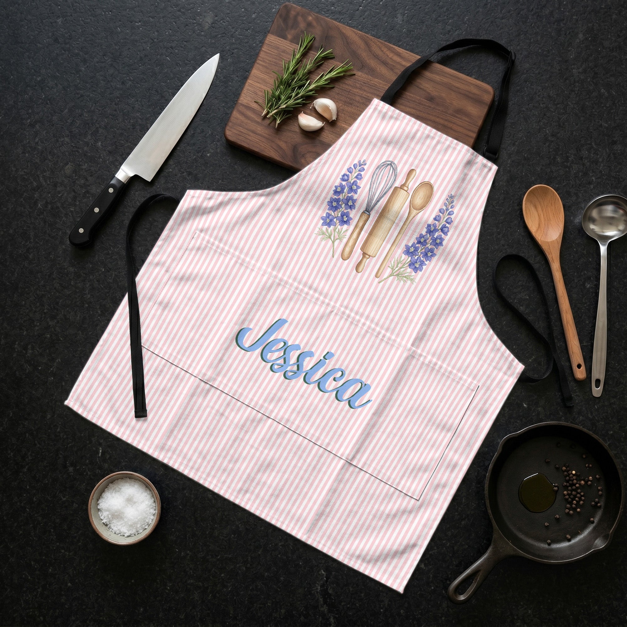 Custom Name & Birth Flower Striped Pattern - Personalized Apron