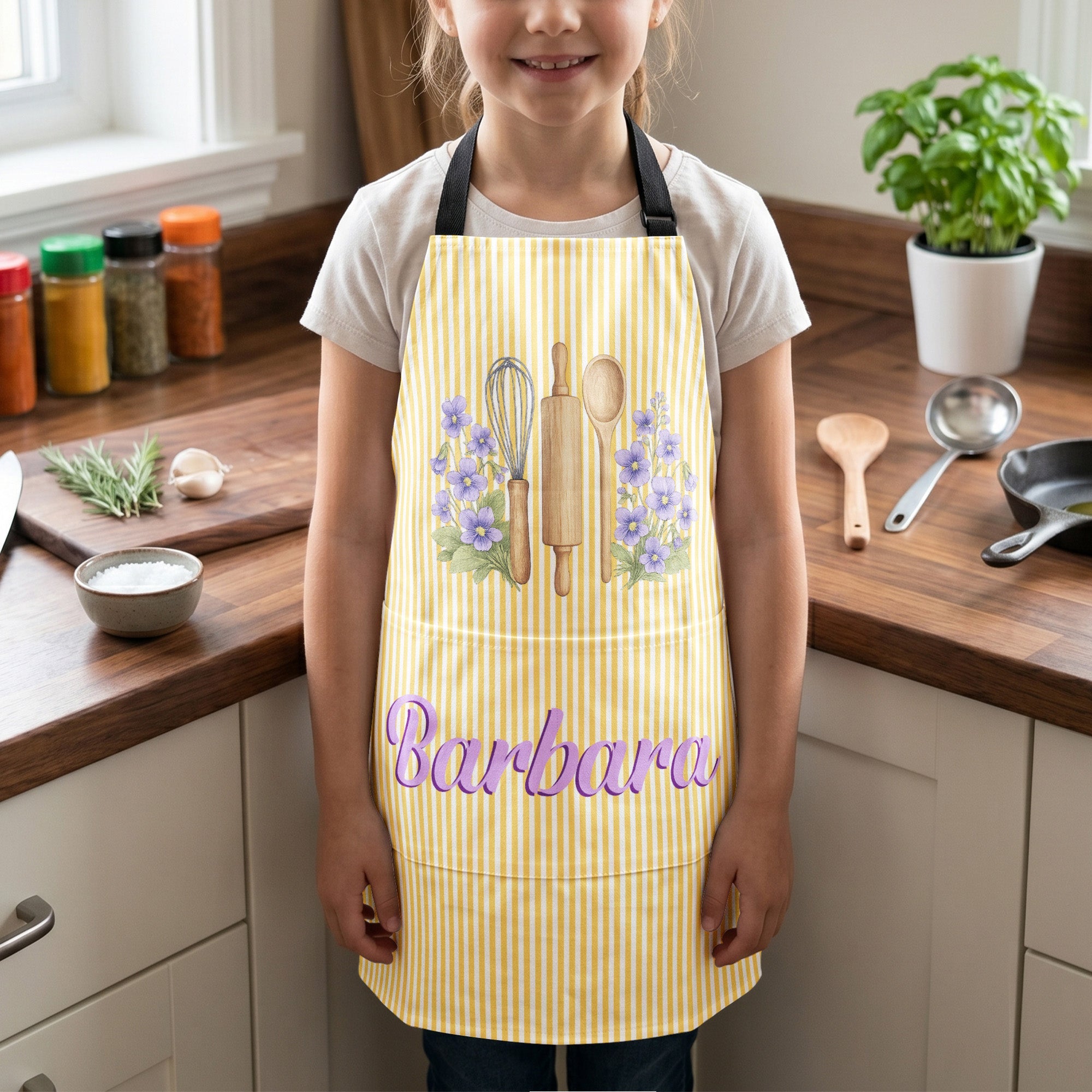 Custom Name & Birth Flower Striped Pattern - Personalized Apron