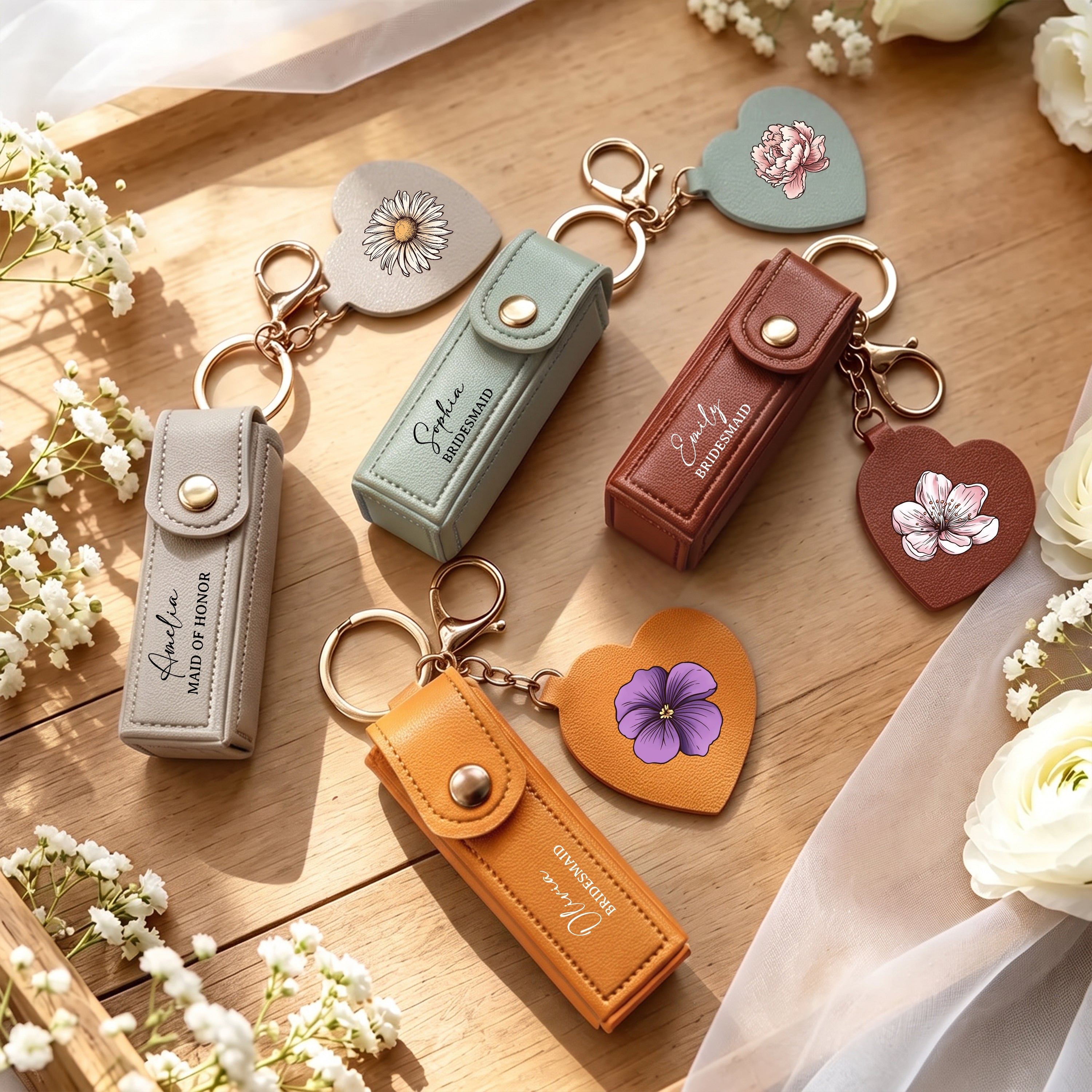 Custom Name & Birth Flower Ver 2 Wedding Gifts For Bridesmaid Lipstick Case With Mirror - Personalized Keychain