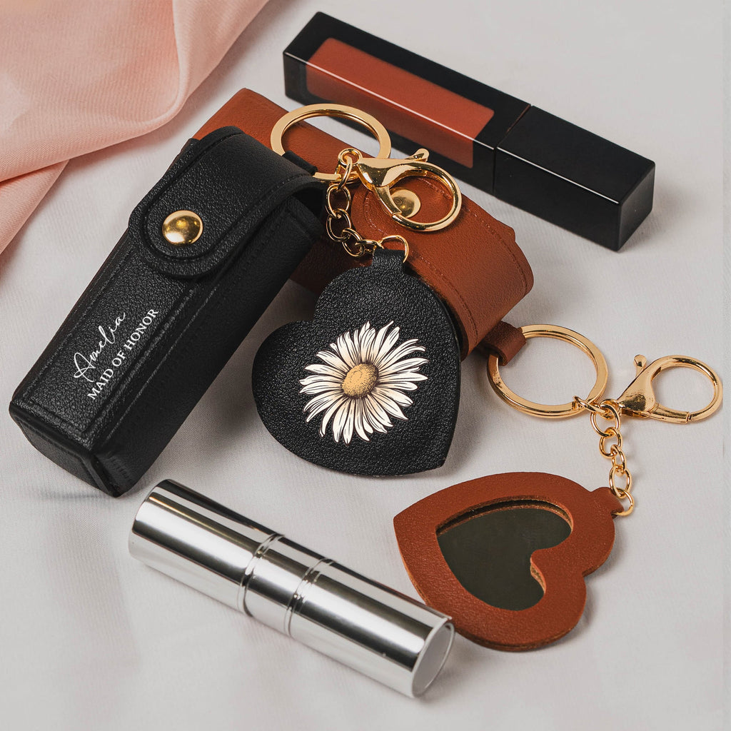 Custom Name & Birth Flower Ver 2 Wedding Gifts For Bridesmaid Lipstick Case With Mirror - Personalized Keychain