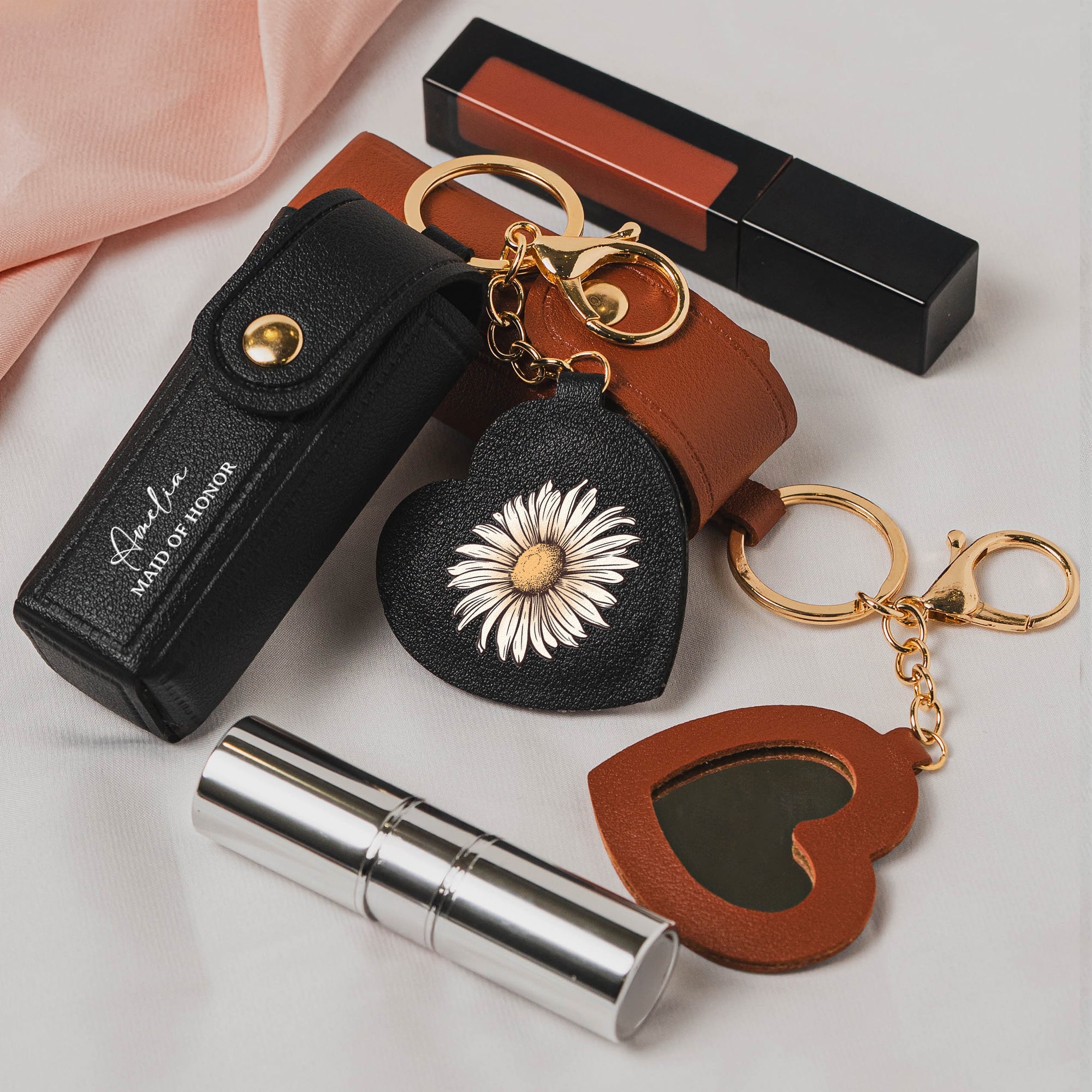 Custom Name & Birth Flower Ver 2 Wedding Gifts For Bridesmaid Lipstick Case With Mirror - Personalized Keychain