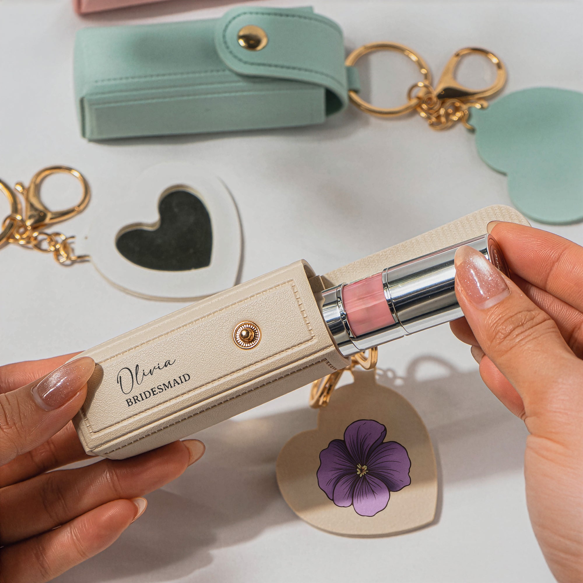 Custom Name & Birth Flower Ver 2 Wedding Gifts For Bridesmaid Lipstick Case With Mirror - Personalized Keychain