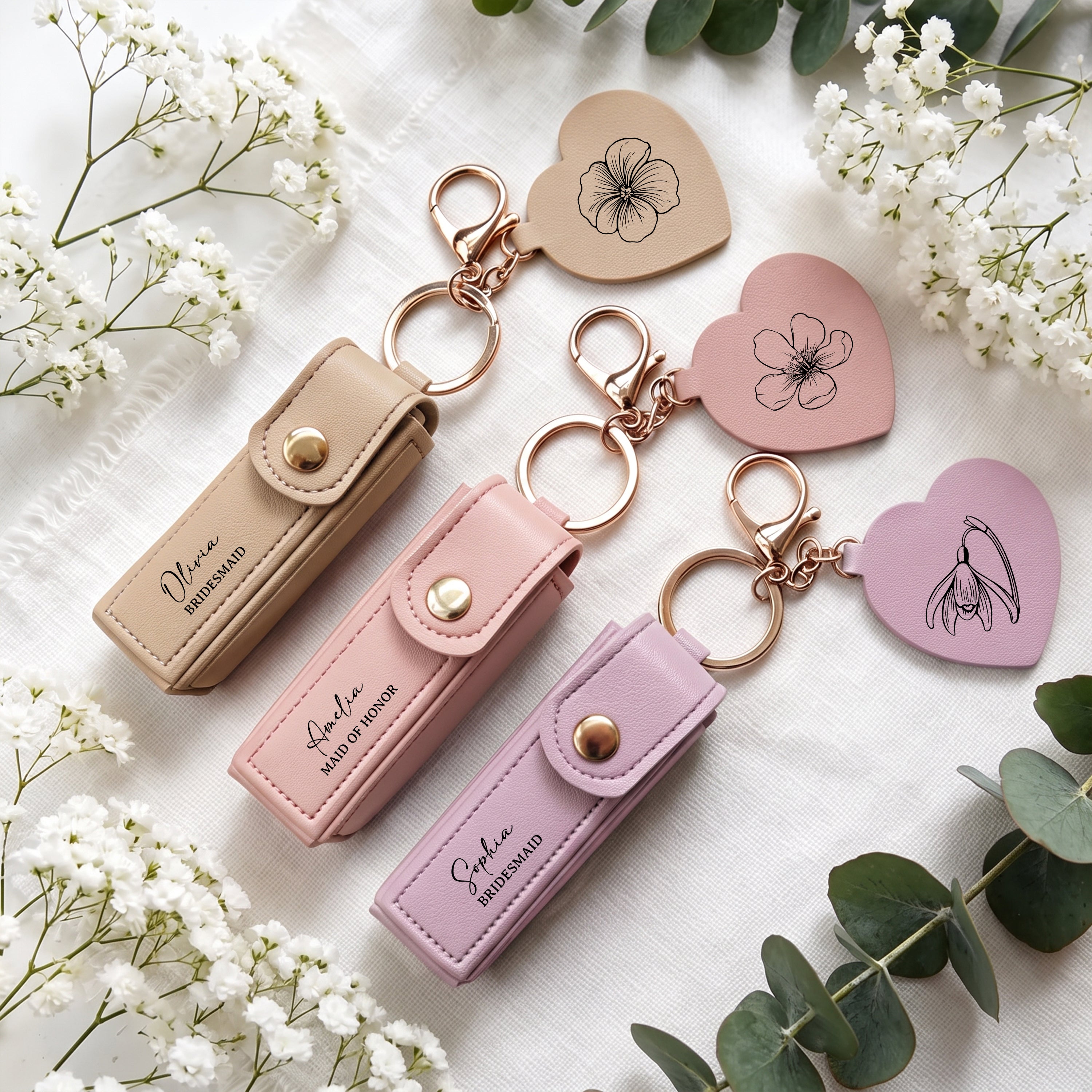 Custom Name & Birth Flower Wedding Gifts For Bridesmaid Lipstick Case With Mirror - Personalized Keychain