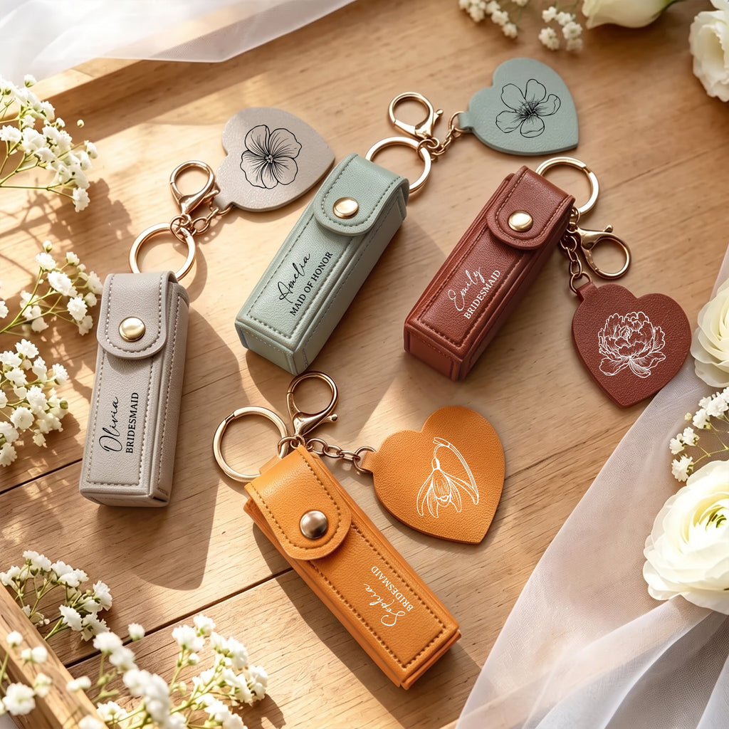 Custom Name & Birth Flower Wedding Gifts For Bridesmaid Lipstick Case With Mirror - Personalized Keychain