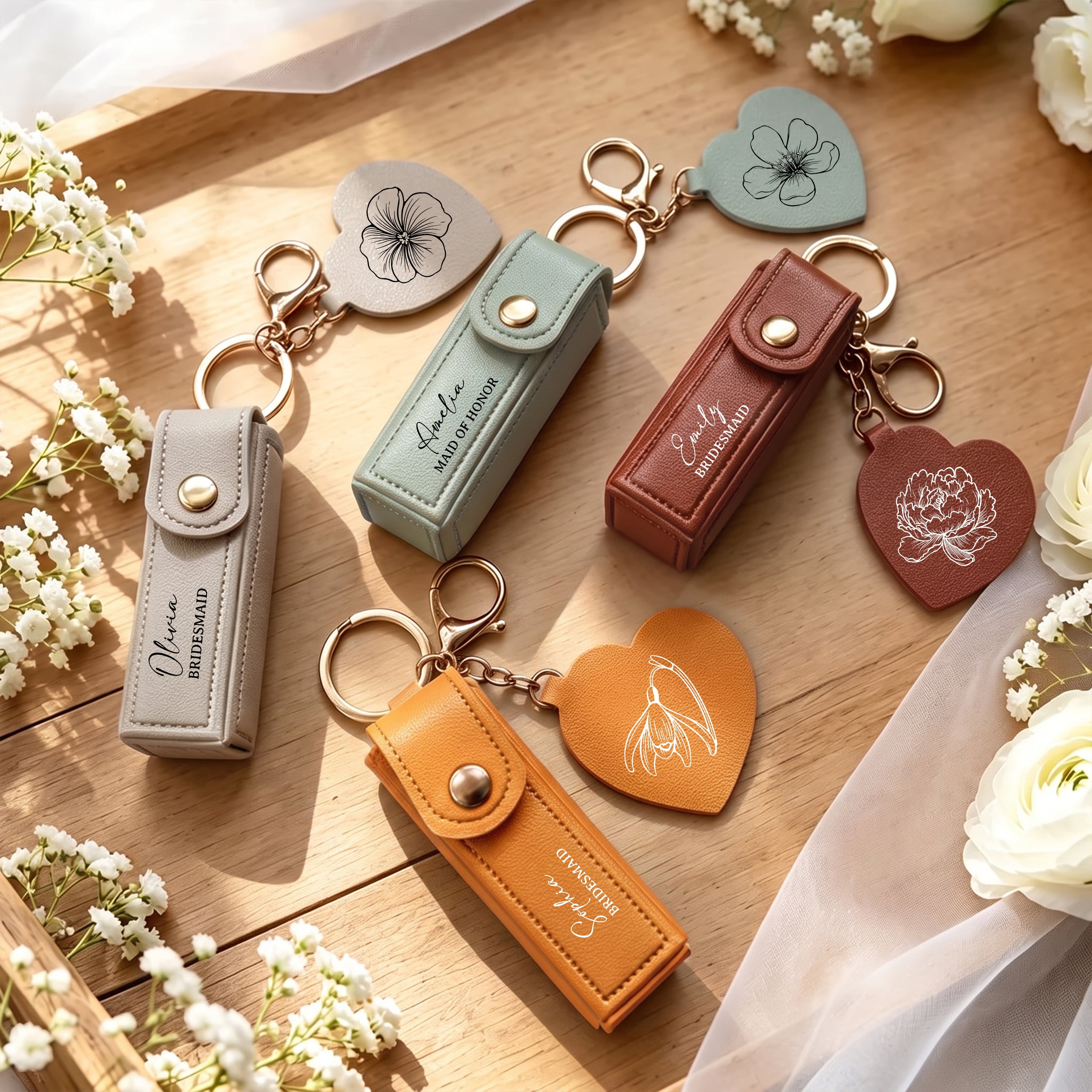 Custom Name & Birth Flower Wedding Gifts For Bridesmaid Lipstick Case With Mirror - Personalized Keychain