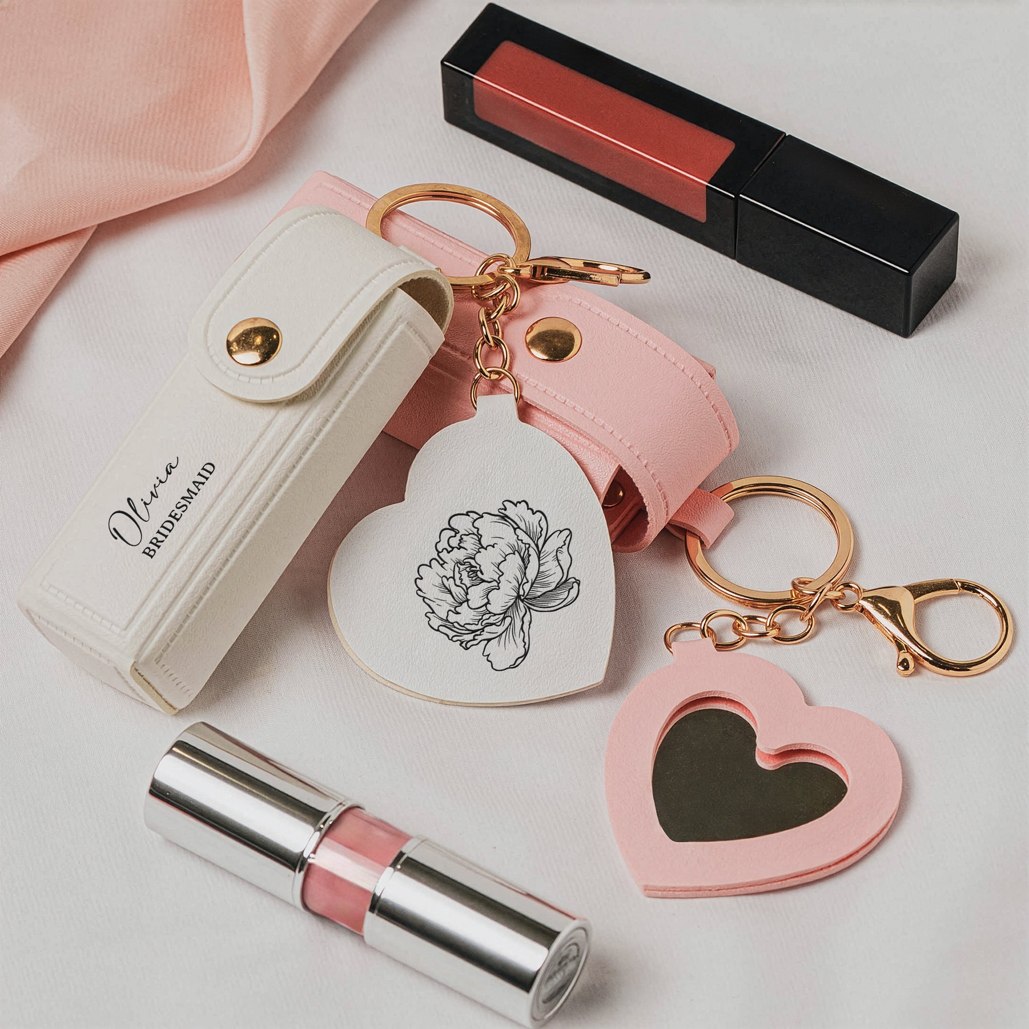 Custom Name & Birth Flower Wedding Gifts For Bridesmaid Lipstick Case With Mirror - Personalized Keychain