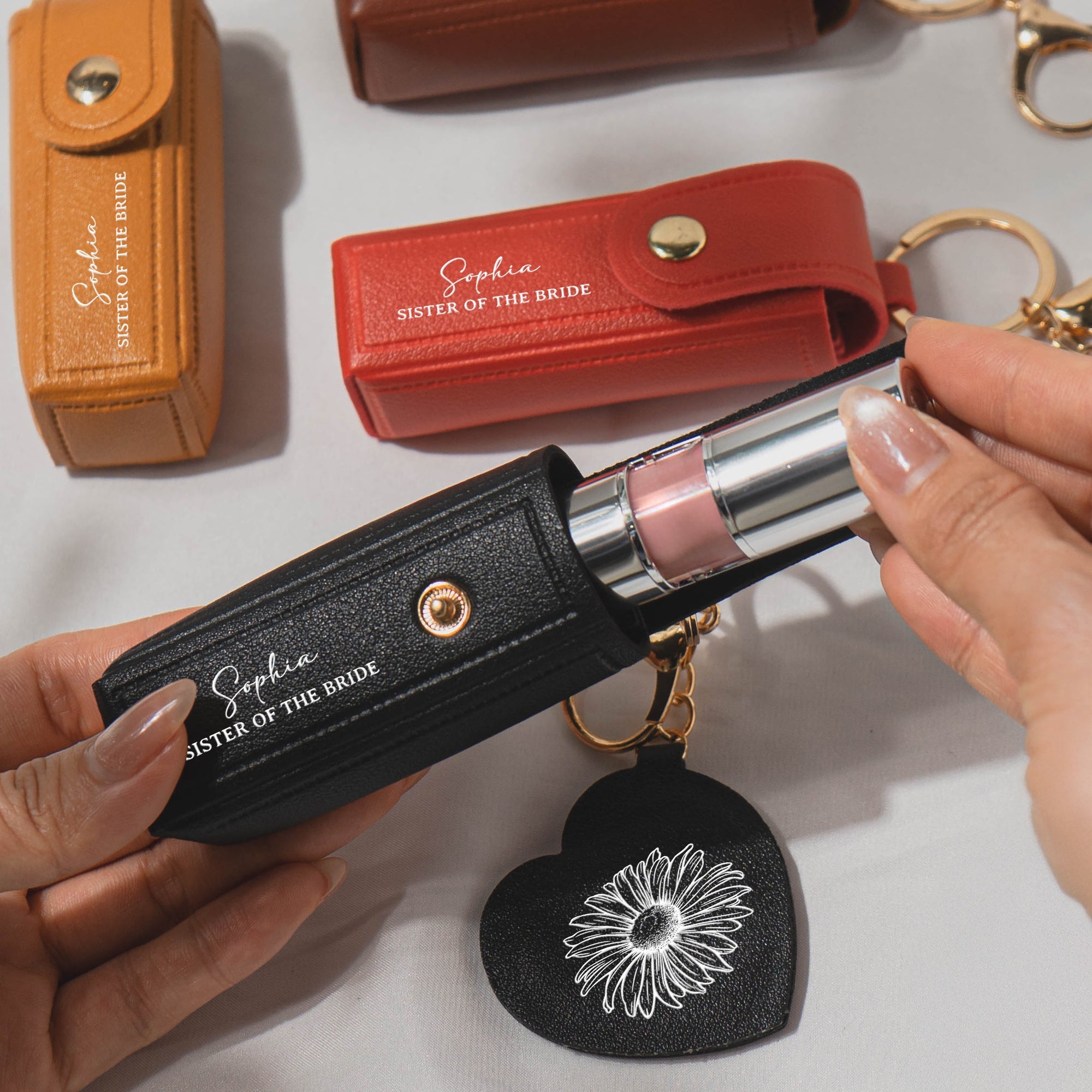 Custom Name & Birth Flower Wedding Gifts For Bridesmaid Lipstick Case With Mirror - Personalized Keychain