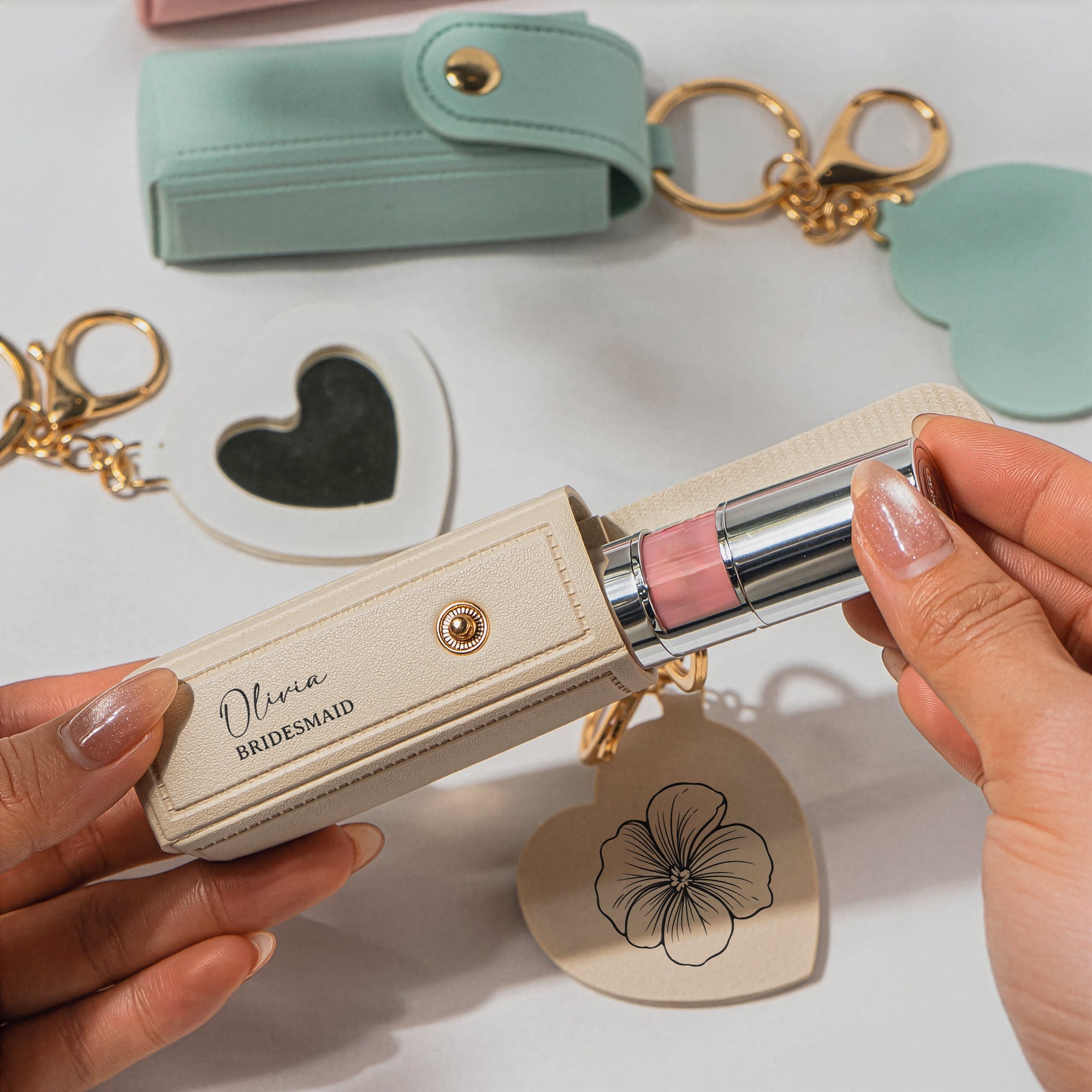 Custom Name & Birth Flower Wedding Gifts For Bridesmaid Lipstick Case With Mirror - Personalized Keychain