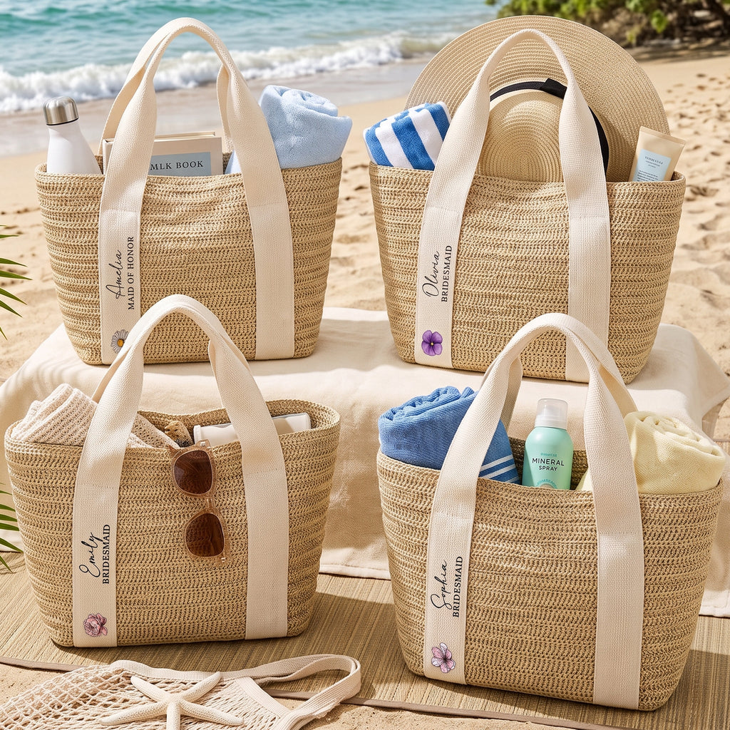Custom Name & Birth Flower Wedding Gifts For Her, Bridesmaid - Personalized Straw Bag