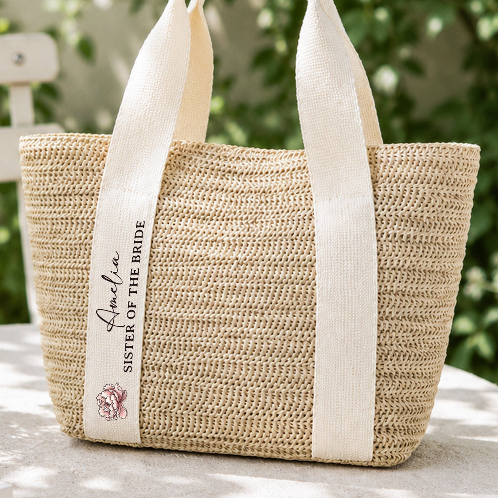 Custom Name & Birth Flower Wedding Gifts For Her, Bridesmaid - Personalized Straw Bag