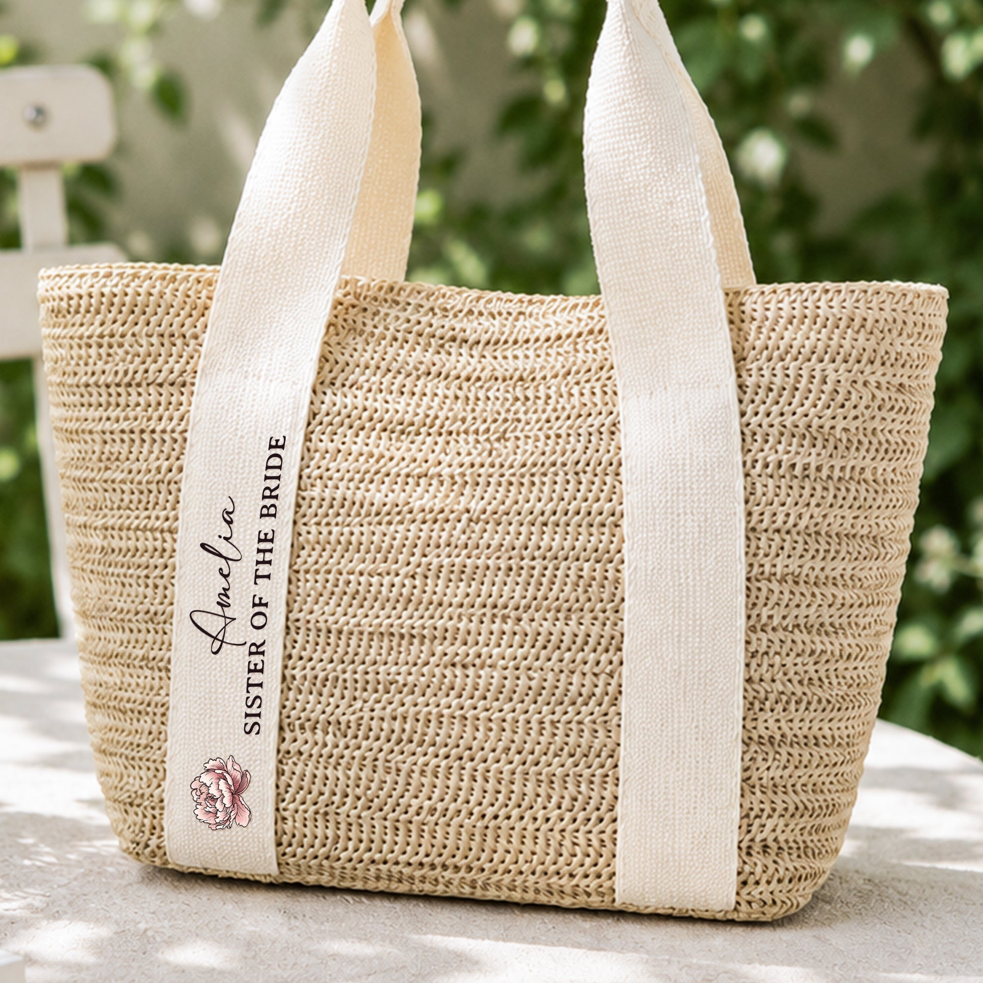 Custom Name & Birth Flower Wedding Gifts For Her, Bridesmaid - Personalized Straw Bag