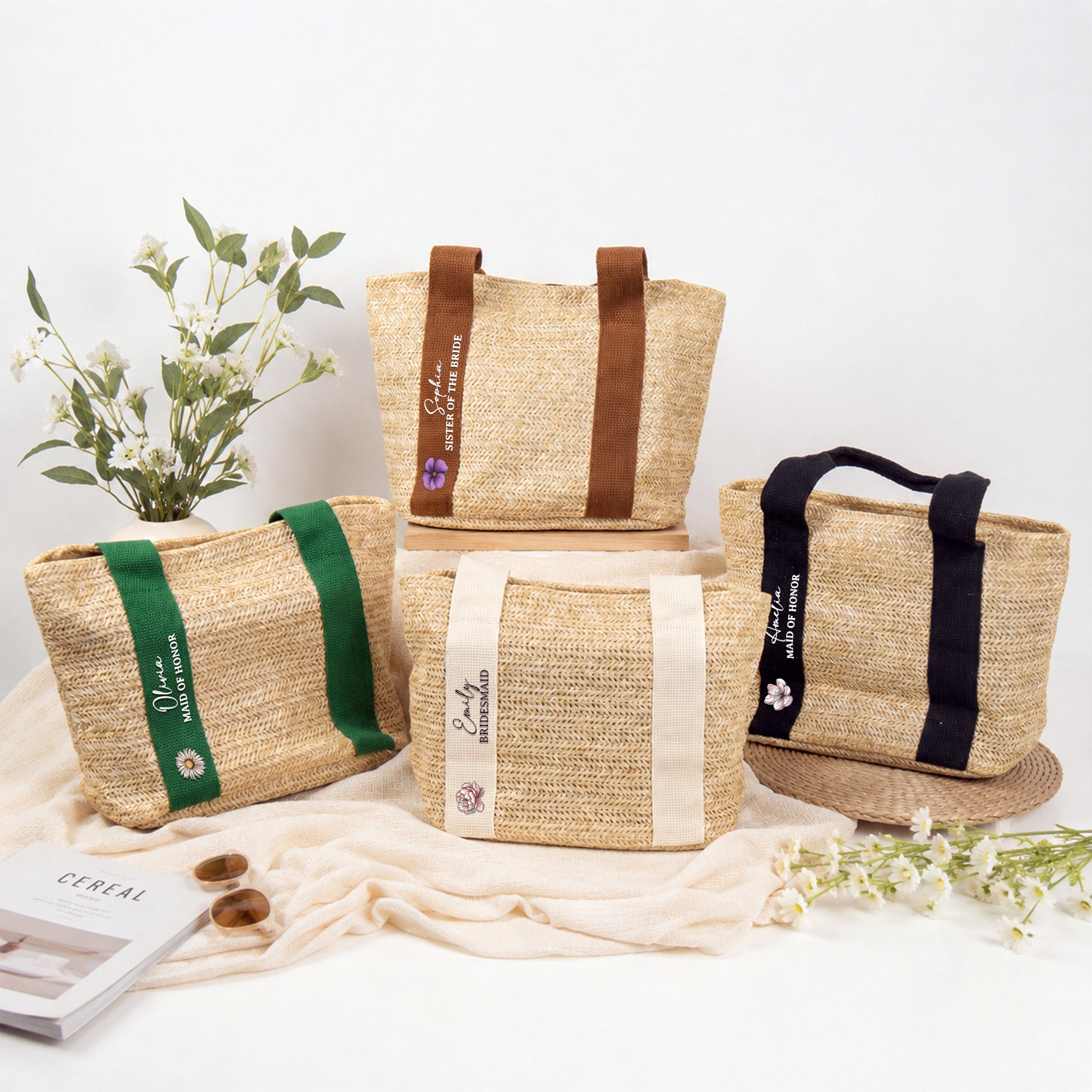 Custom Name & Birth Flower Wedding Gifts For Her, Bridesmaid - Personalized Straw Bag