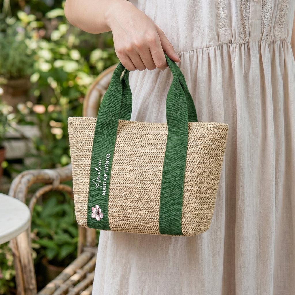 Custom Name & Birth Flower Wedding Gifts For Her, Bridesmaid - Personalized Straw Bag