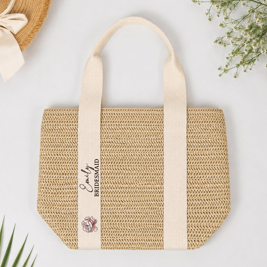 Custom Name & Birth Flower Wedding Gifts For Her, Bridesmaid - Personalized Straw Bag