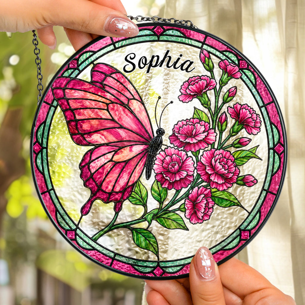 Custom Name & Birth Flowers Butterfly Art - Personalized Window Hanging Suncatcher