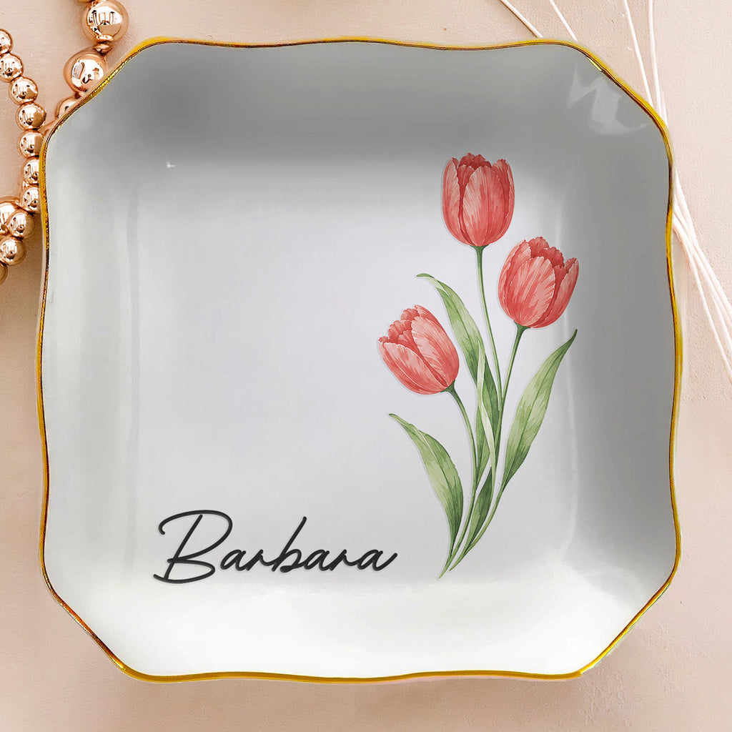 Custom Name & Birth Flowers Gifts For Friends, Sisters Birthday Wedding Gifts - Personalized Jewelry Dish