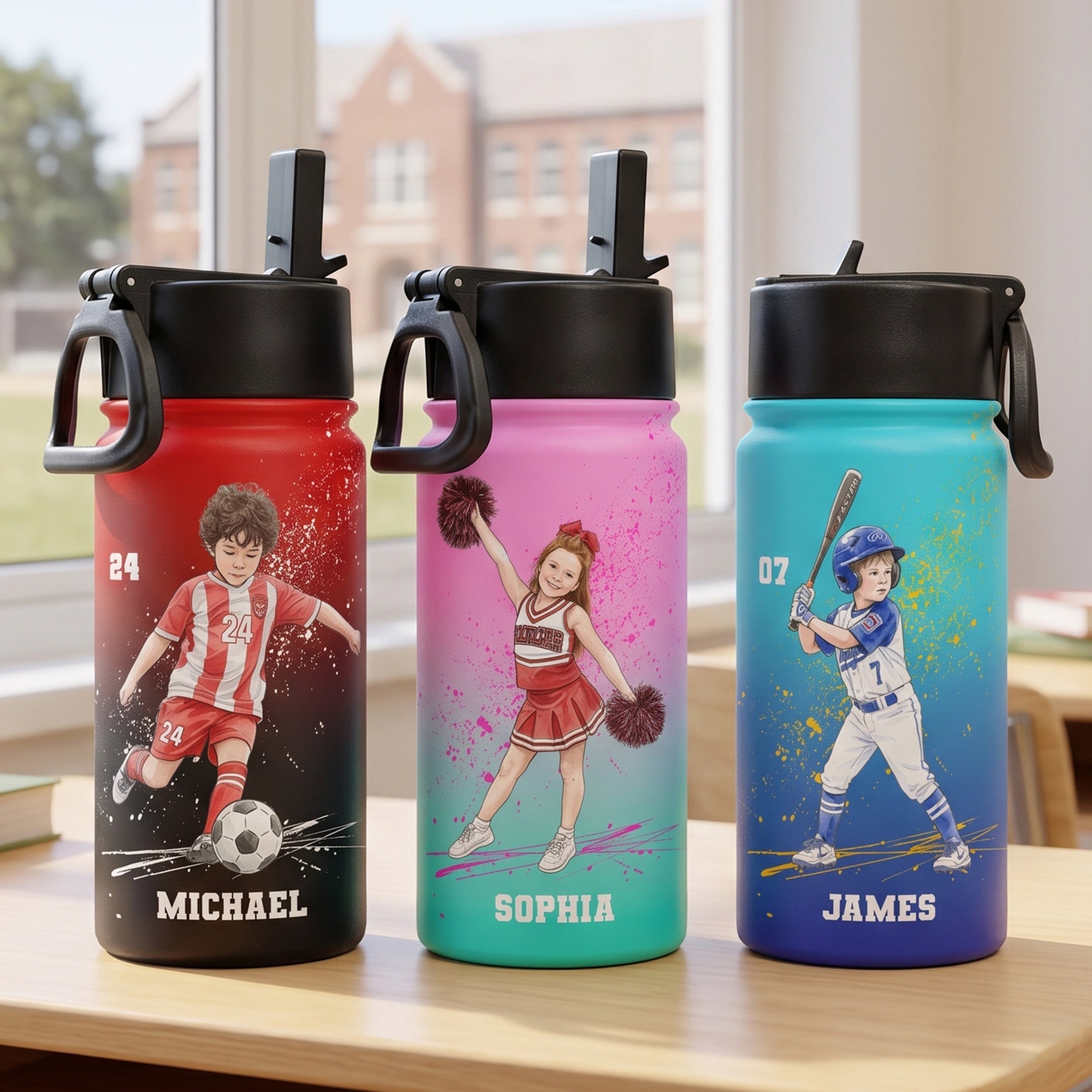 Custom Name, Number & Photo, Watercolor Style - Personalized Water Bottle