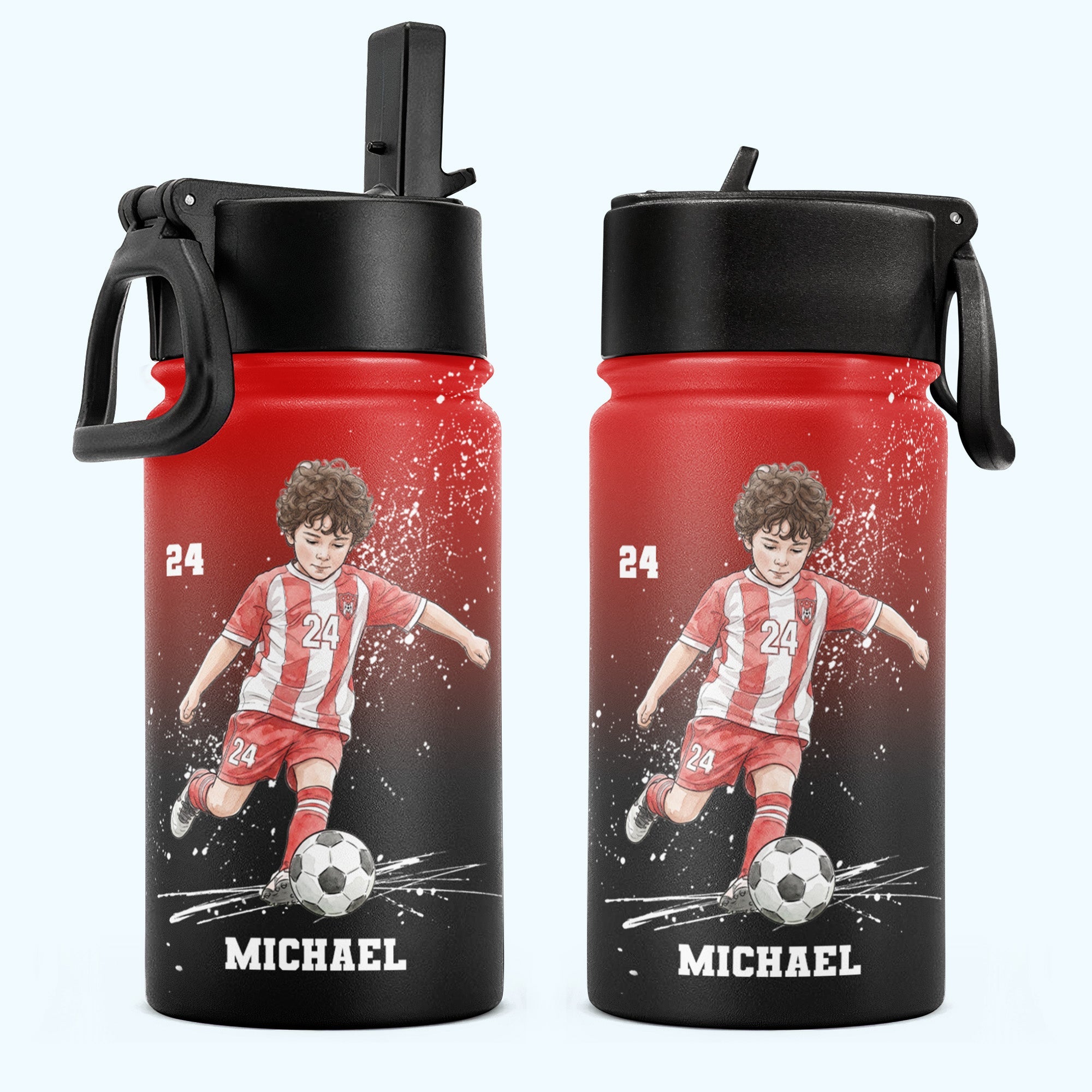 Custom Name, Number & Photo, Watercolor Style - Personalized Water Bottle