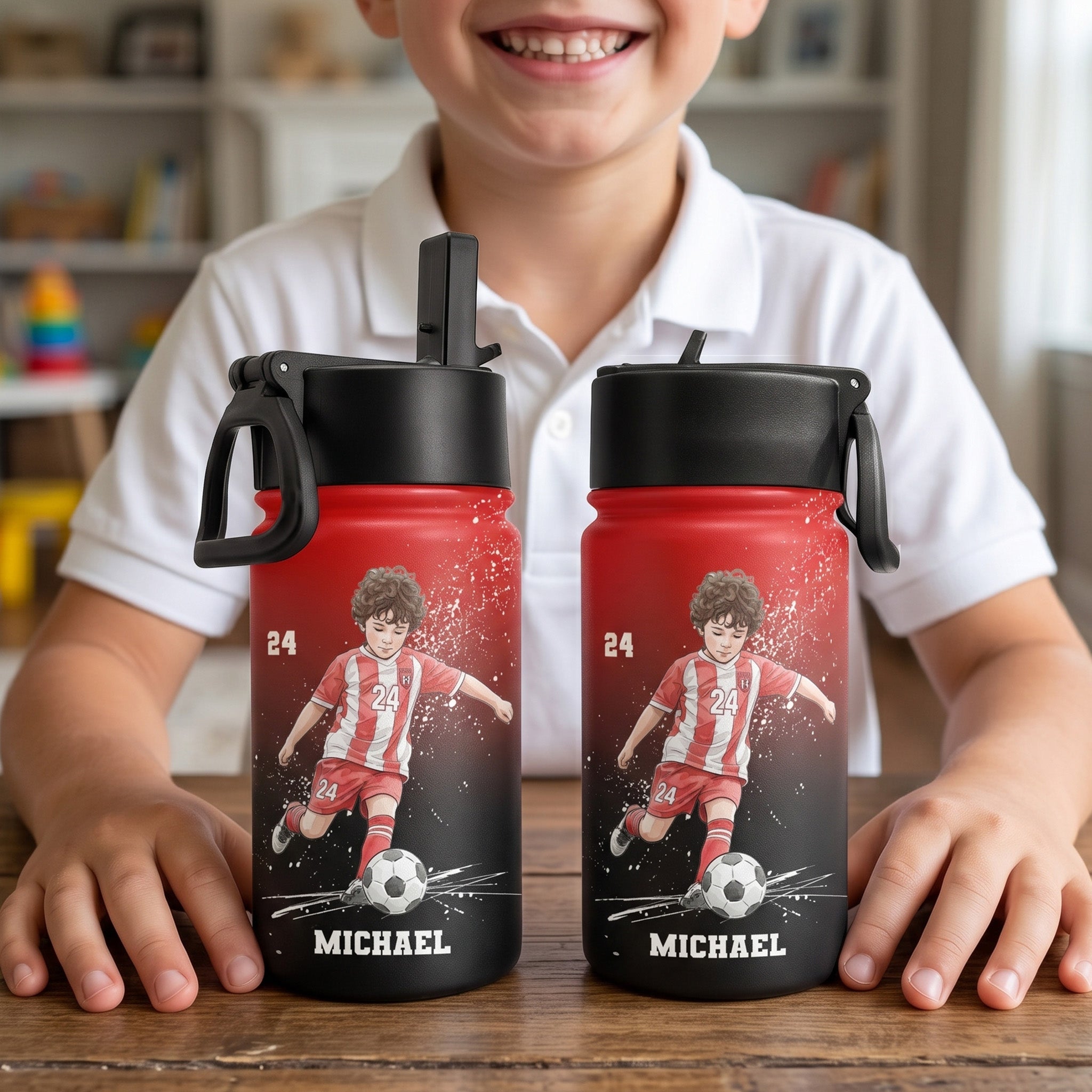 Custom Name, Number & Photo, Watercolor Style - Personalized Water Bottle