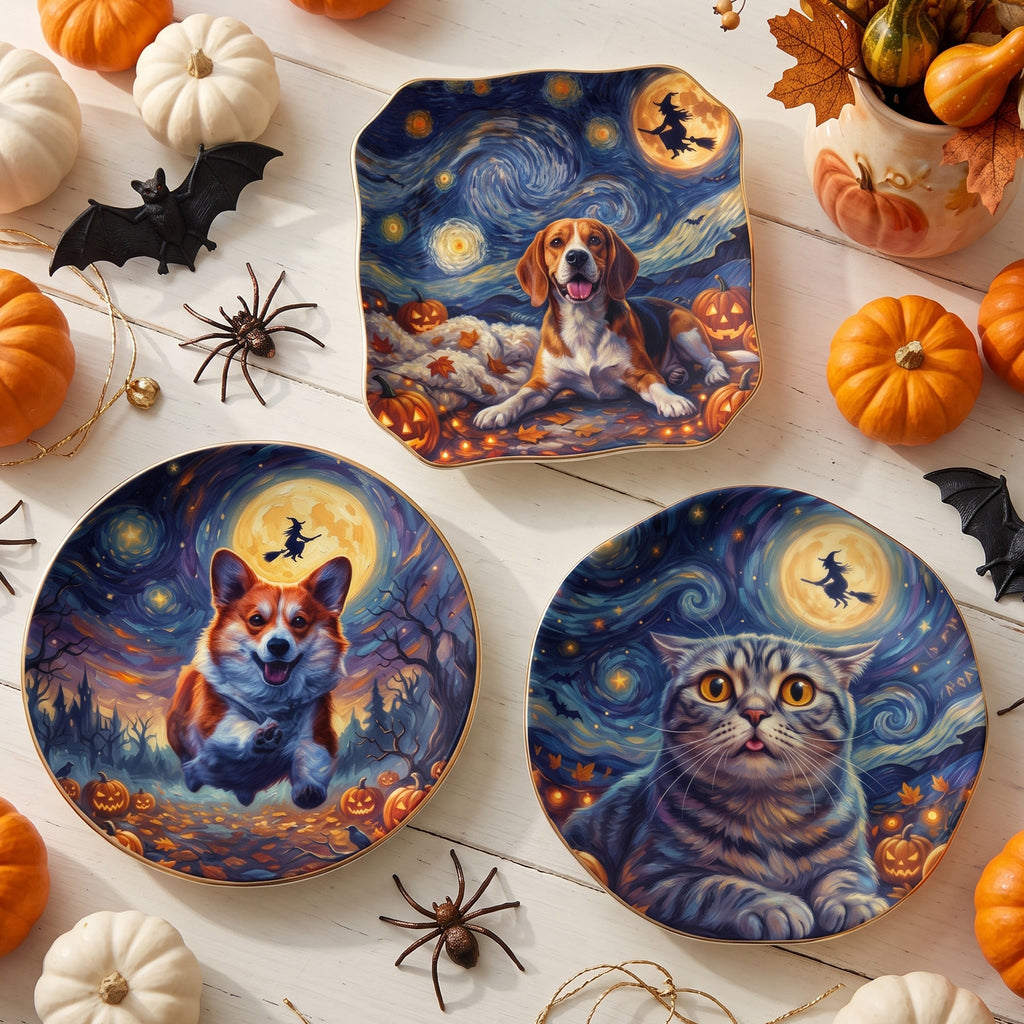 Custom Pet Dog Cat Portrait Halloween Van Gogh Style - Personalized Jewelry Dish