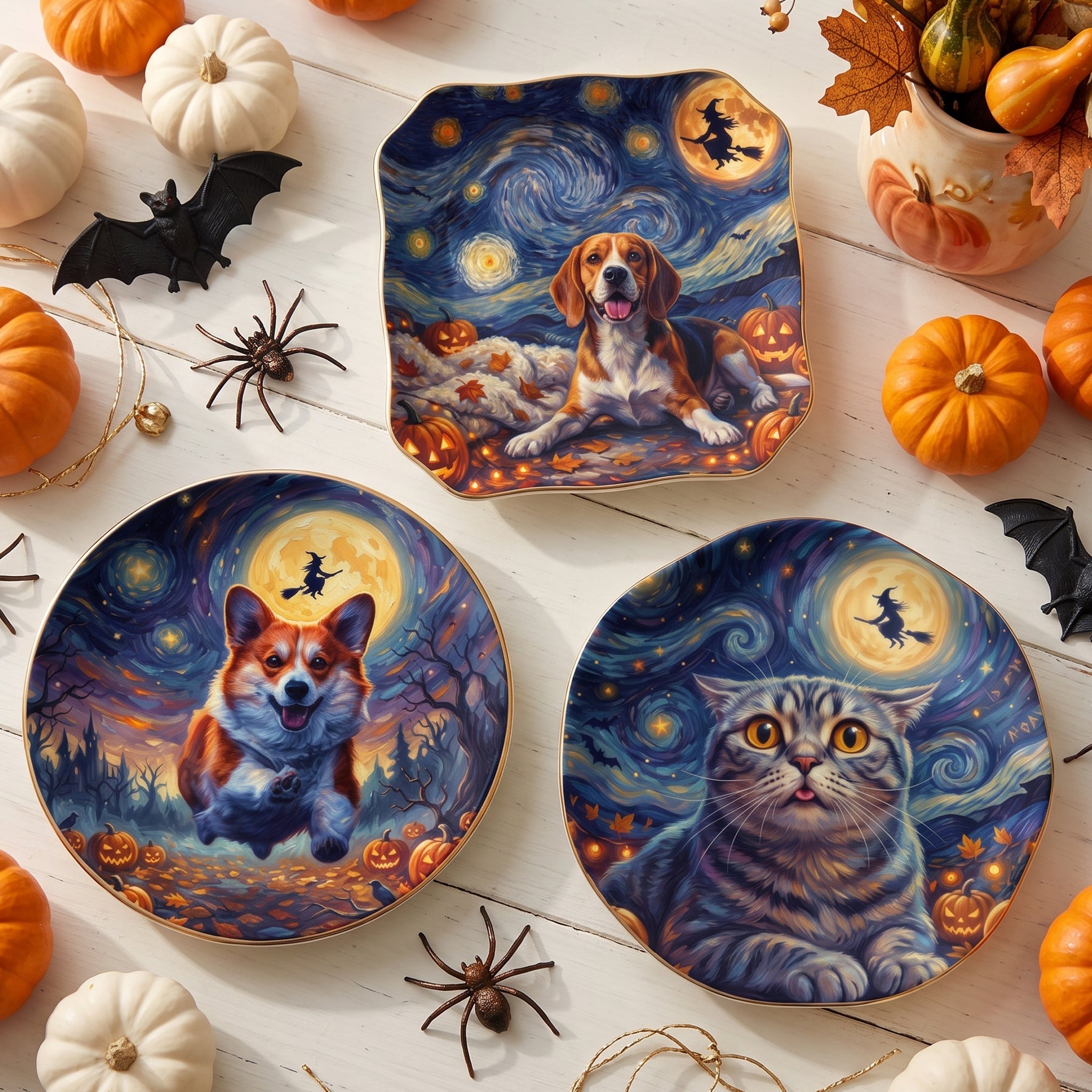 Custom Pet Dog Cat Portrait Halloween Van Gogh Style - Personalized Jewelry Dish