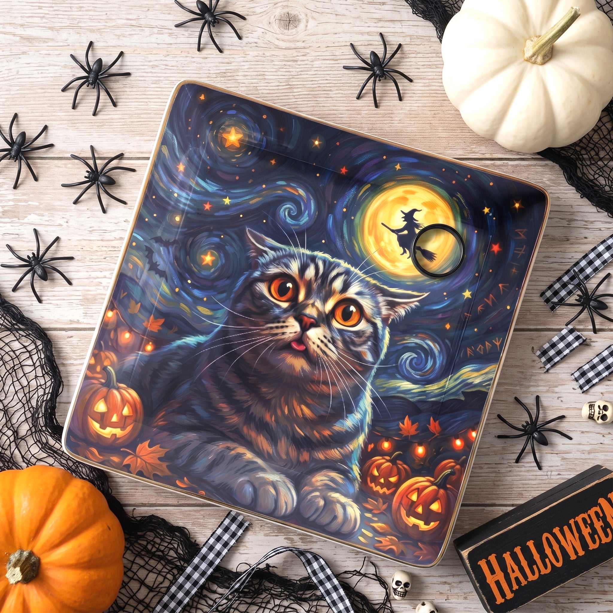 Custom Pet Dog Cat Portrait Halloween Van Gogh Style - Personalized Jewelry Dish