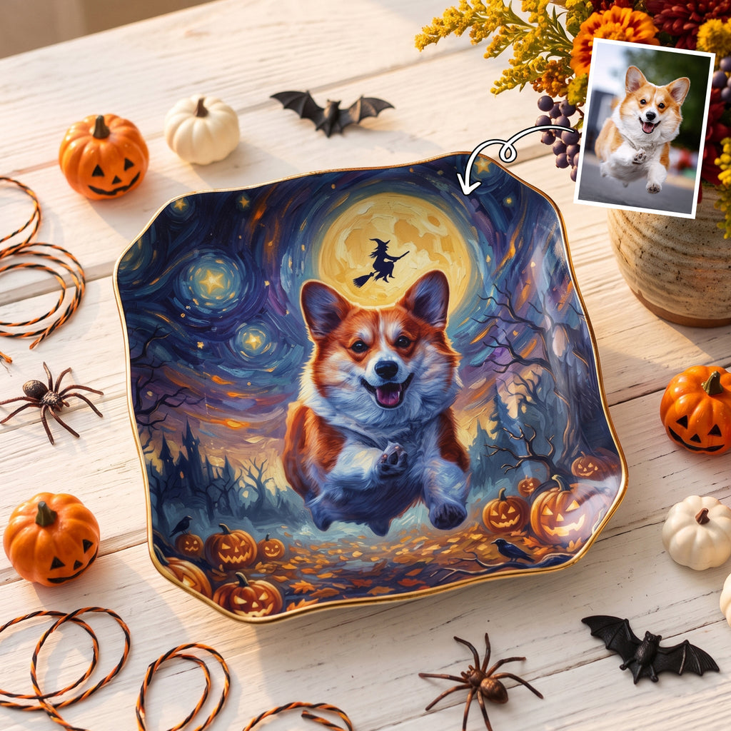 Custom Pet Dog Cat Portrait Halloween Van Gogh Style - Personalized Jewelry Dish