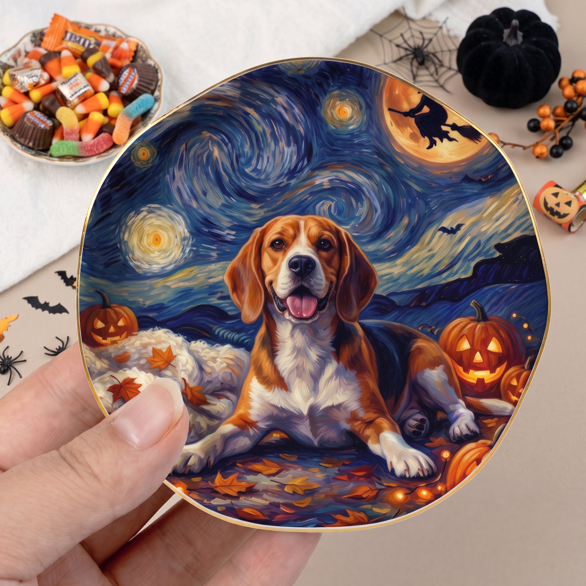 Custom Pet Dog Cat Portrait Halloween Van Gogh Style - Personalized Jewelry Dish