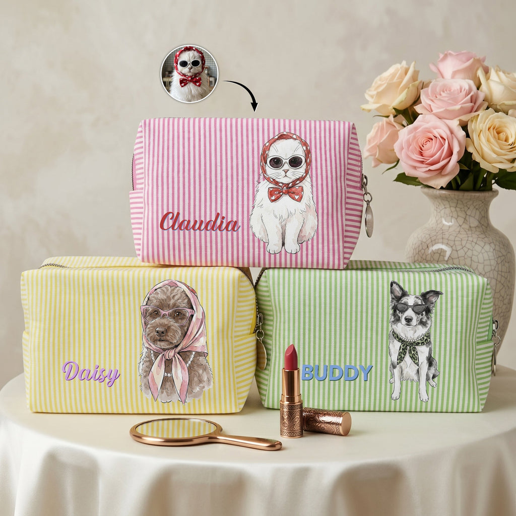 Custom Pet & Name Colorful Stripes Bag - Personalized Makeup Bag