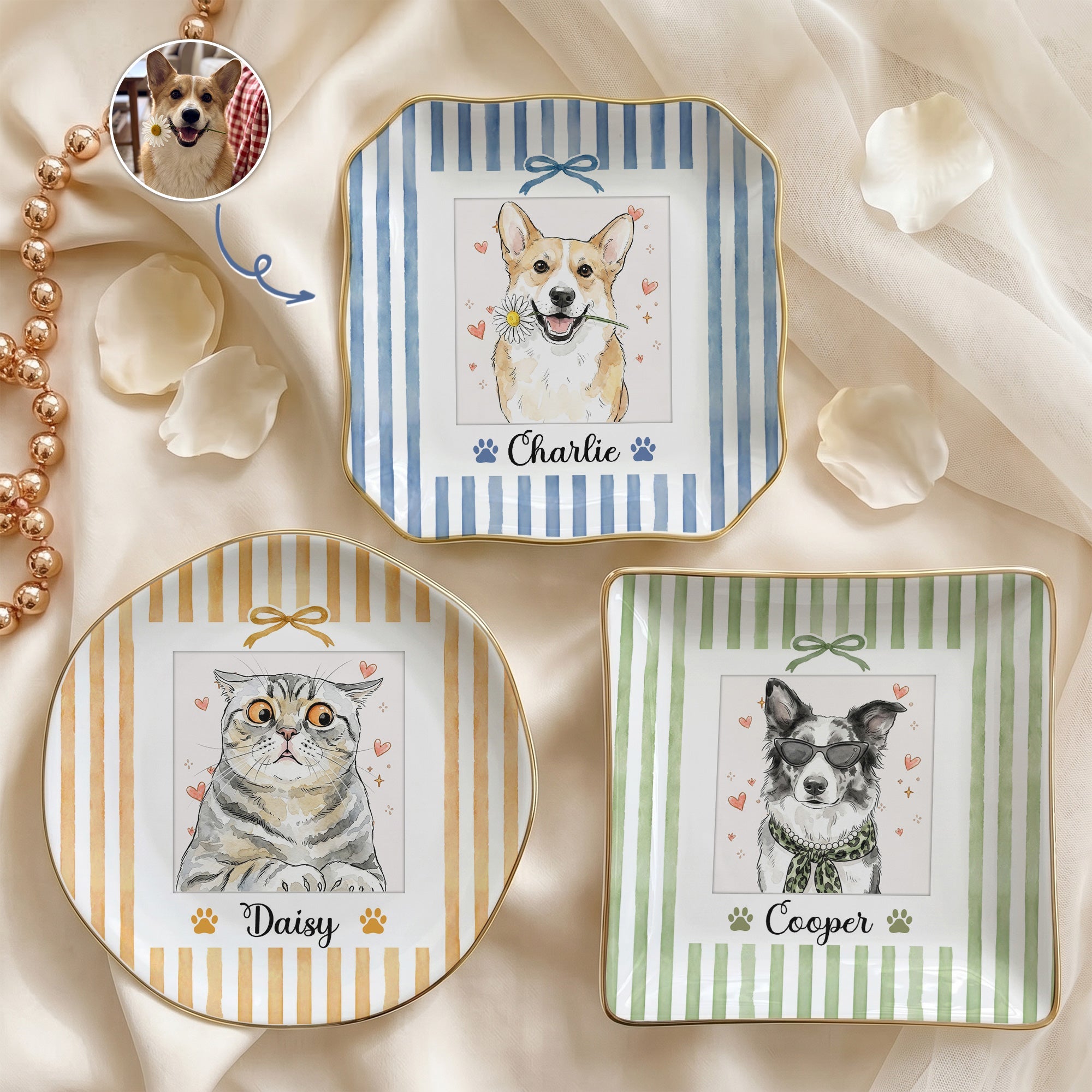 Custom Pet Photo Watercolor Striped Pattern - Personalized Jewelry Dish