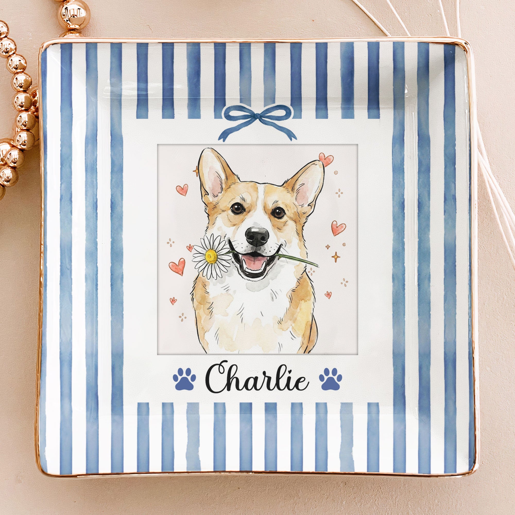 Custom Pet Photo Watercolor Striped Pattern - Personalized Jewelry Dish