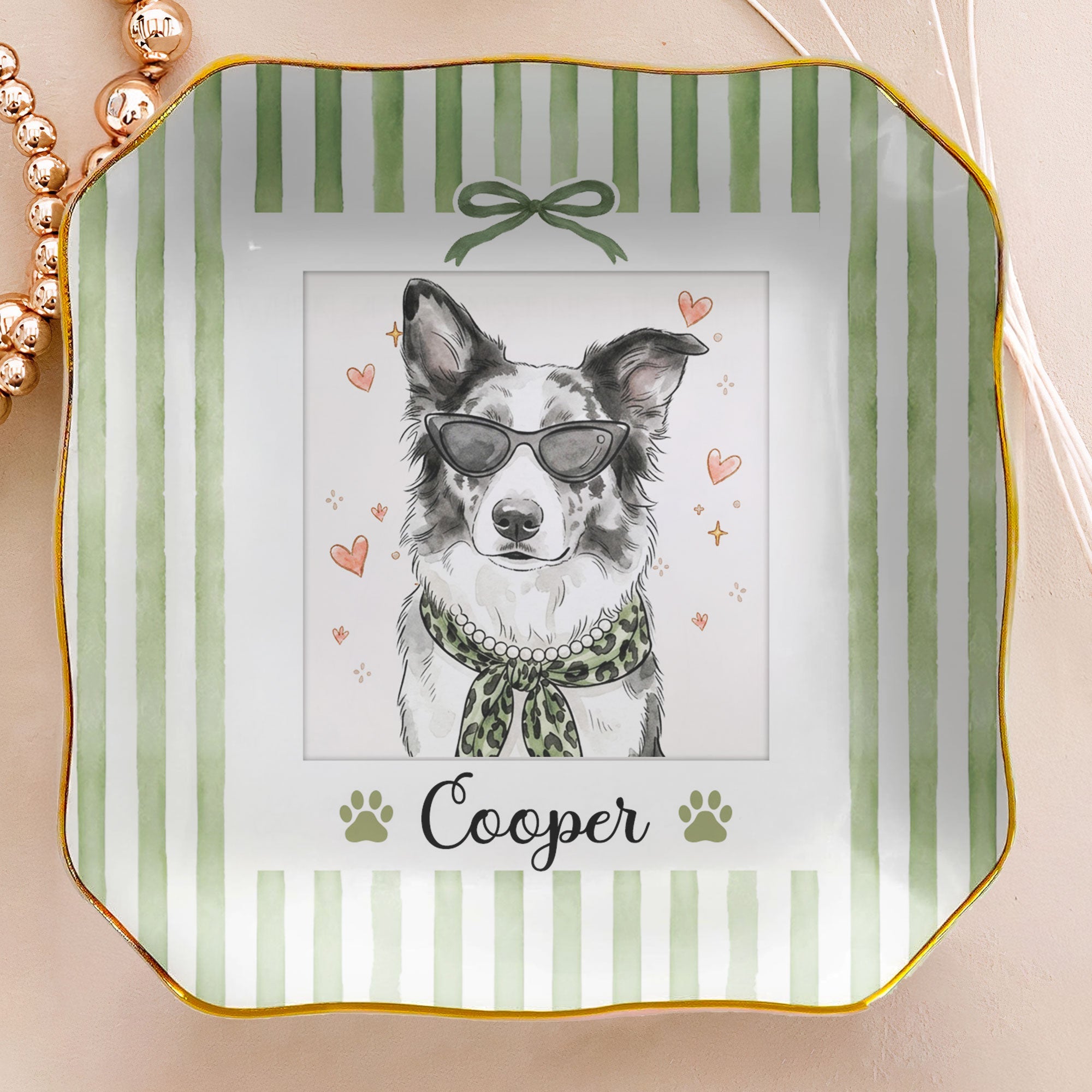 Custom Pet Photo Watercolor Striped Pattern - Personalized Jewelry Dish