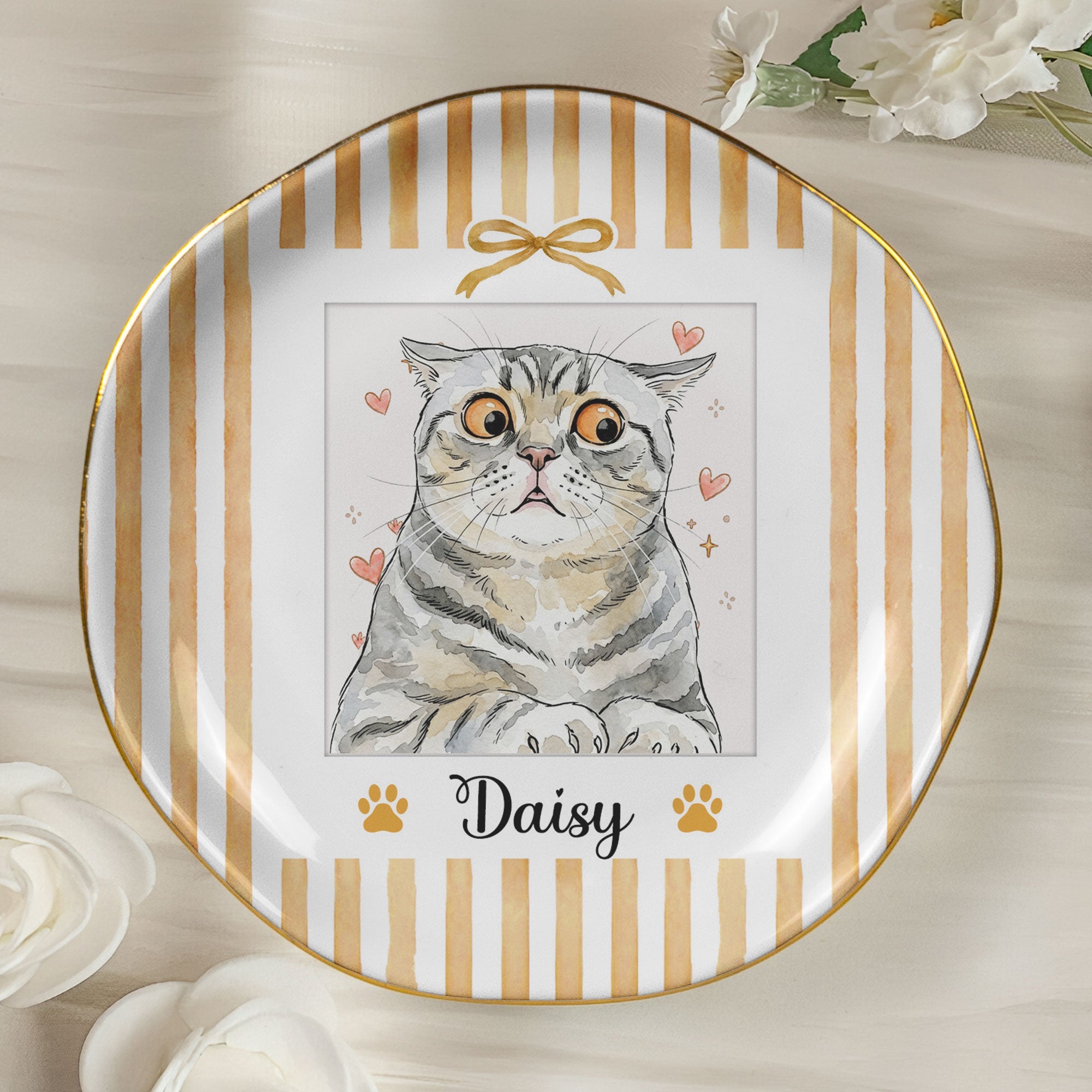 Custom Pet Photo Watercolor Striped Pattern - Personalized Jewelry Dish