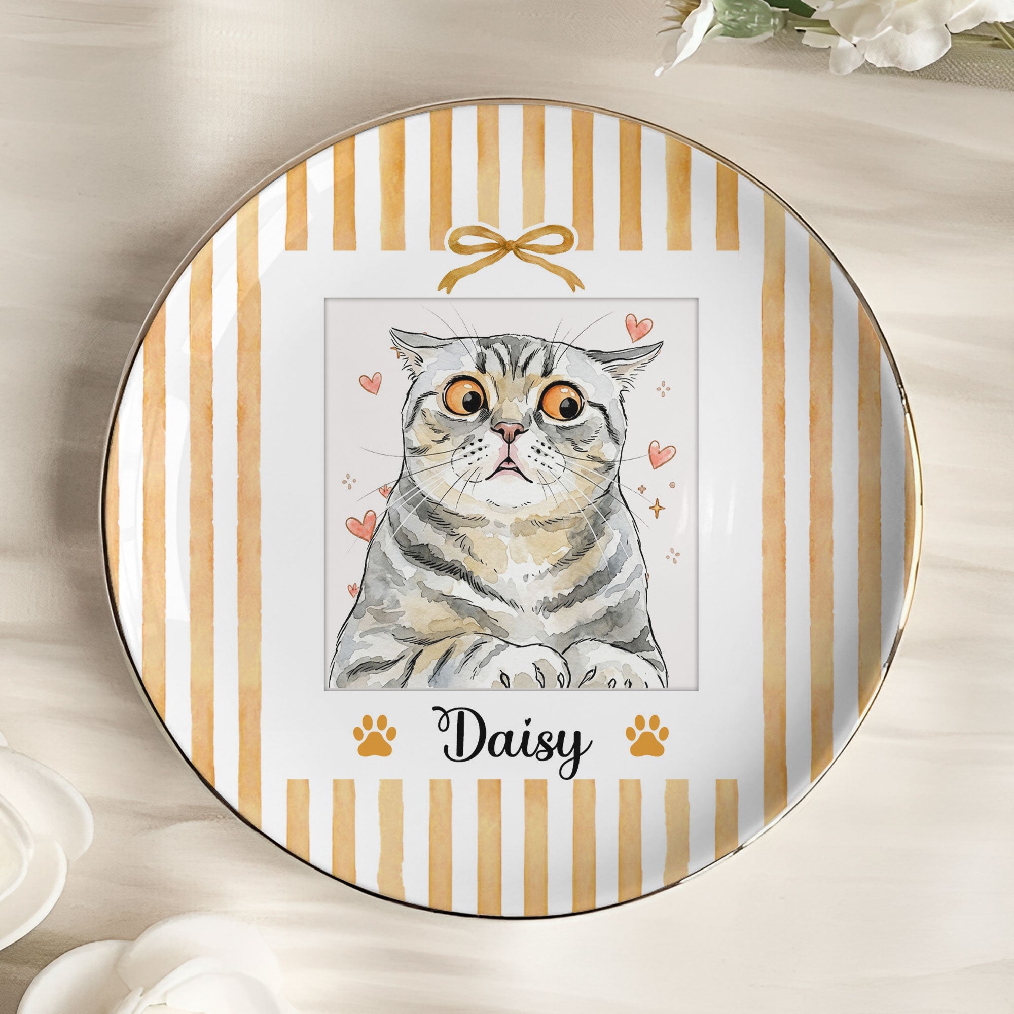 Custom Pet Photo Watercolor Striped Pattern - Personalized Jewelry Dish