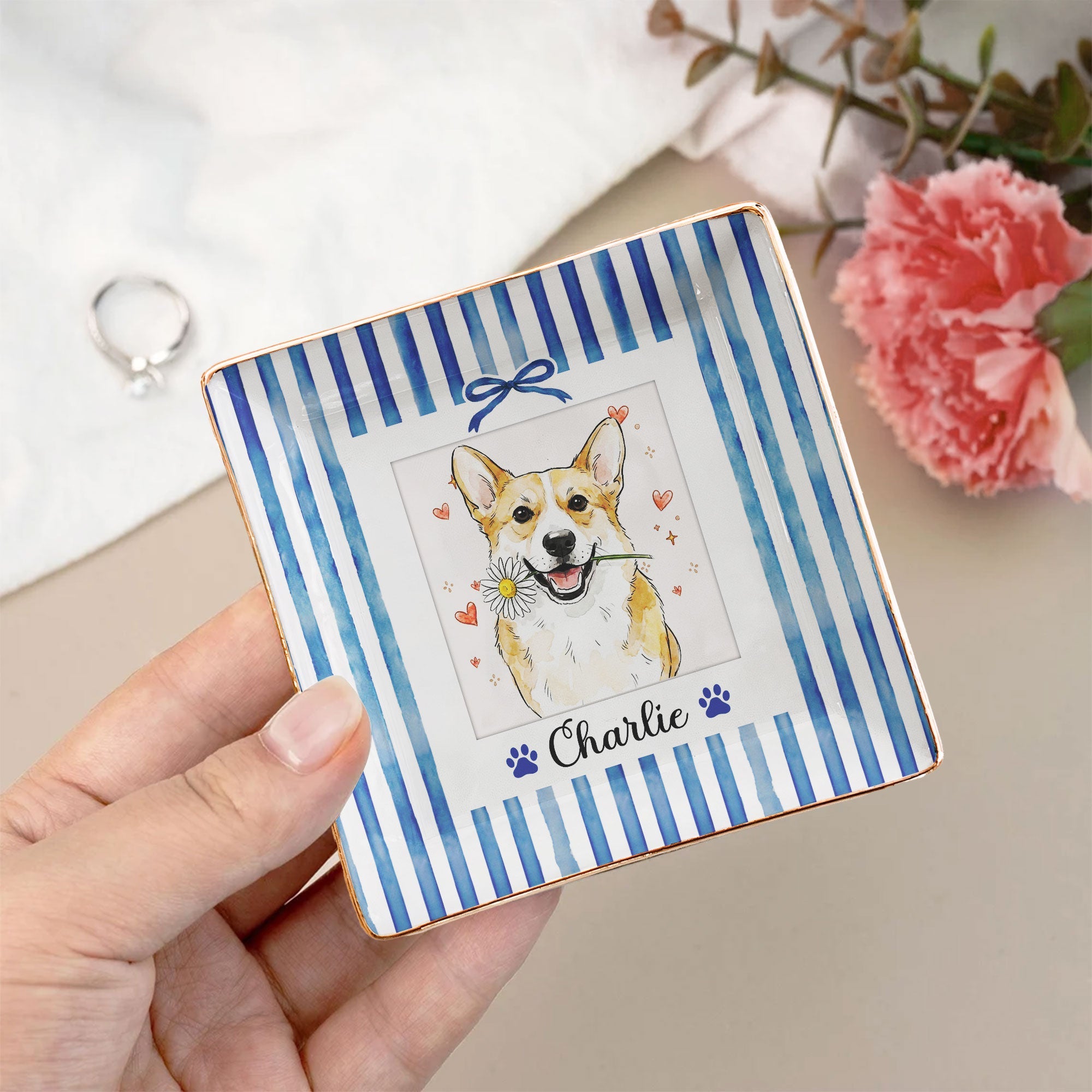 Custom Pet Photo Watercolor Striped Pattern - Personalized Jewelry Dish