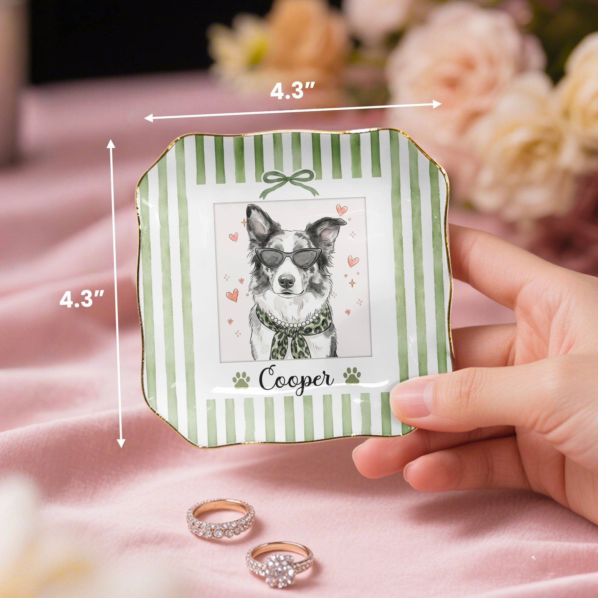 Custom Pet Photo Watercolor Striped Pattern - Personalized Jewelry Dish