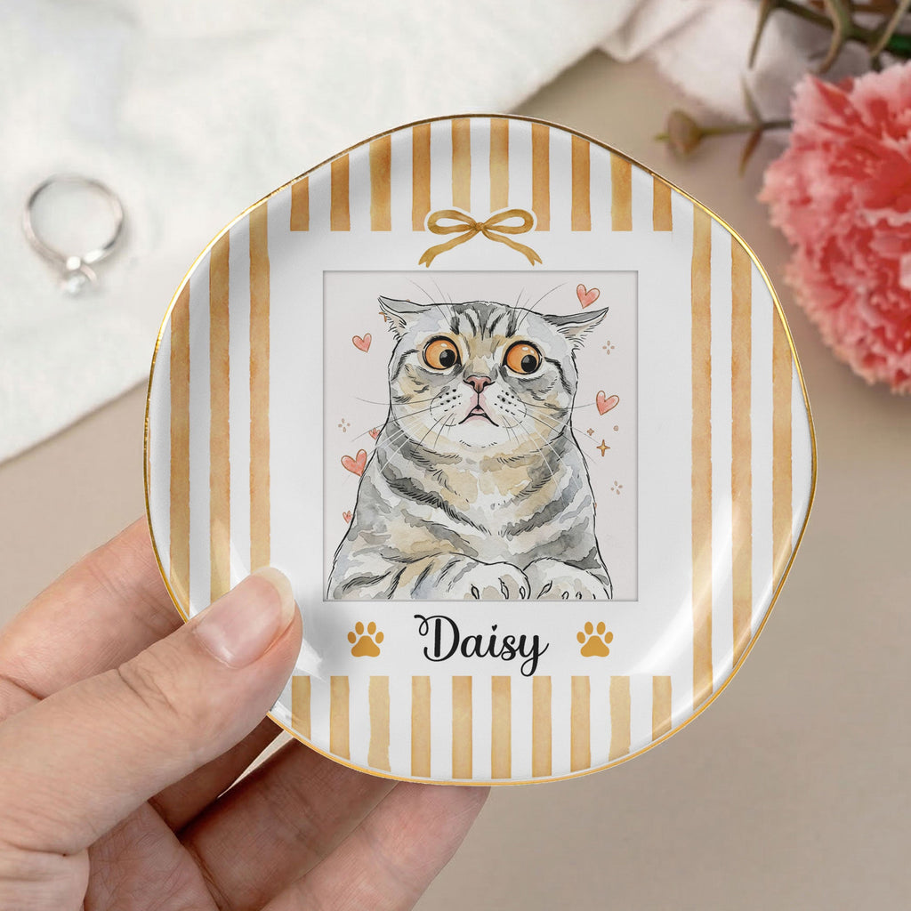 Custom Pet Photo Watercolor Striped Pattern - Personalized Jewelry Dish