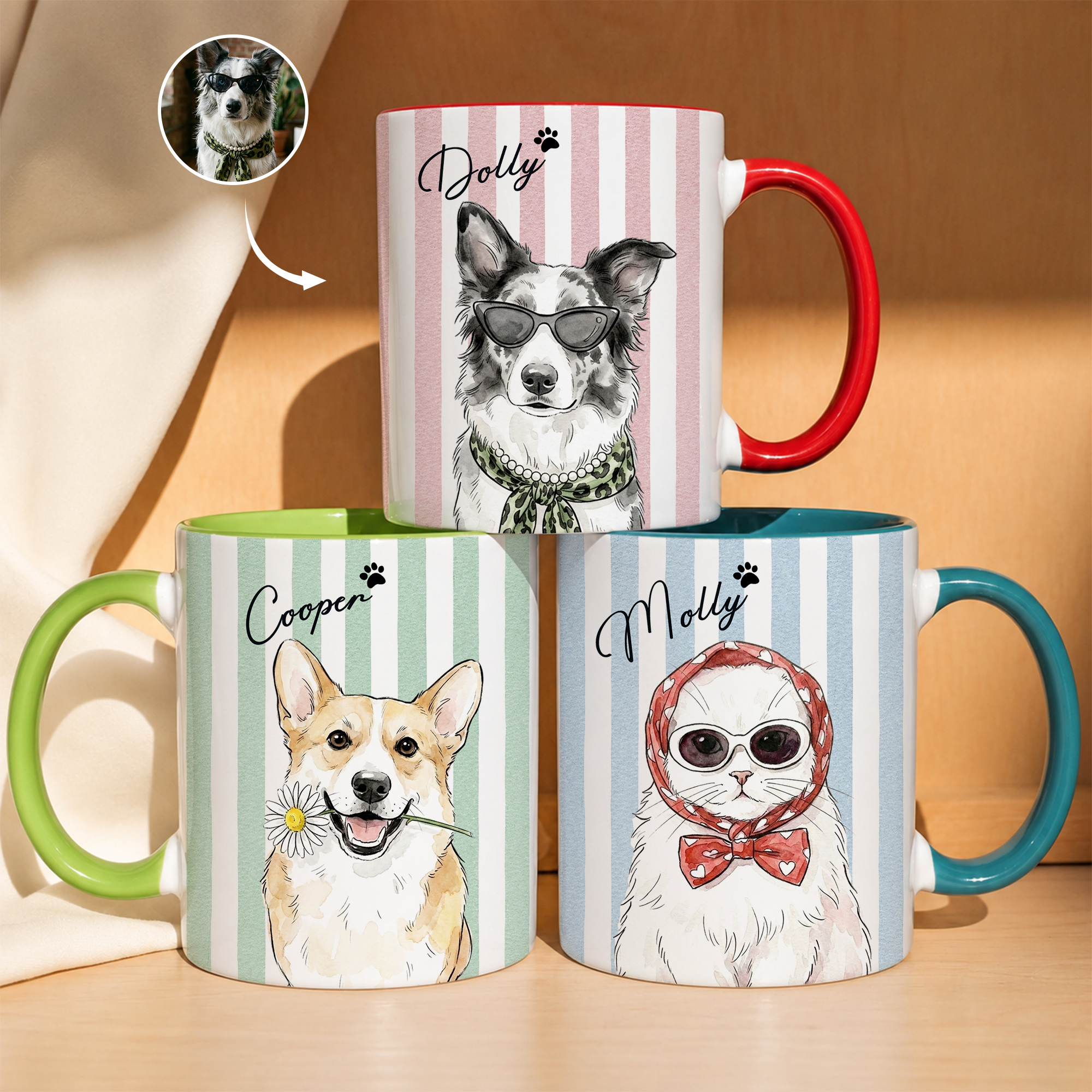 Custom Pet Photo Watercolor Striped Patterns New Version Pet Lovers Gifts - Personalized Mug