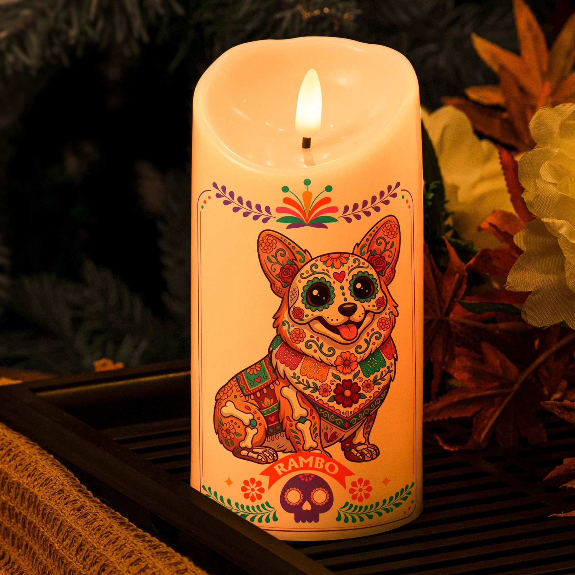 Custom Pet Portrait Day Of The Dead Mexican Hispanic Style - Personalized Candles