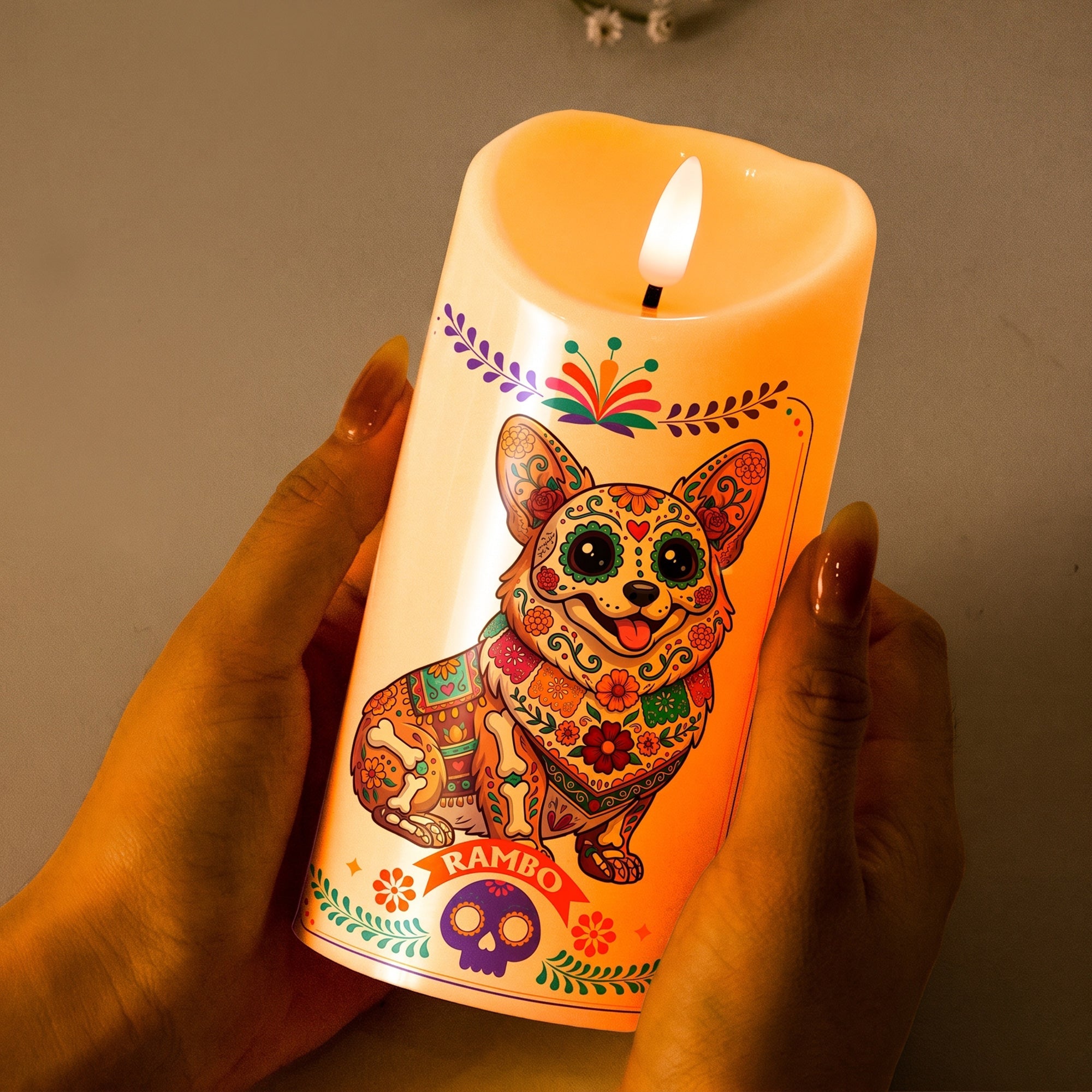 Custom Pet Portrait Day Of The Dead Mexican Hispanic Style - Personalized Candles