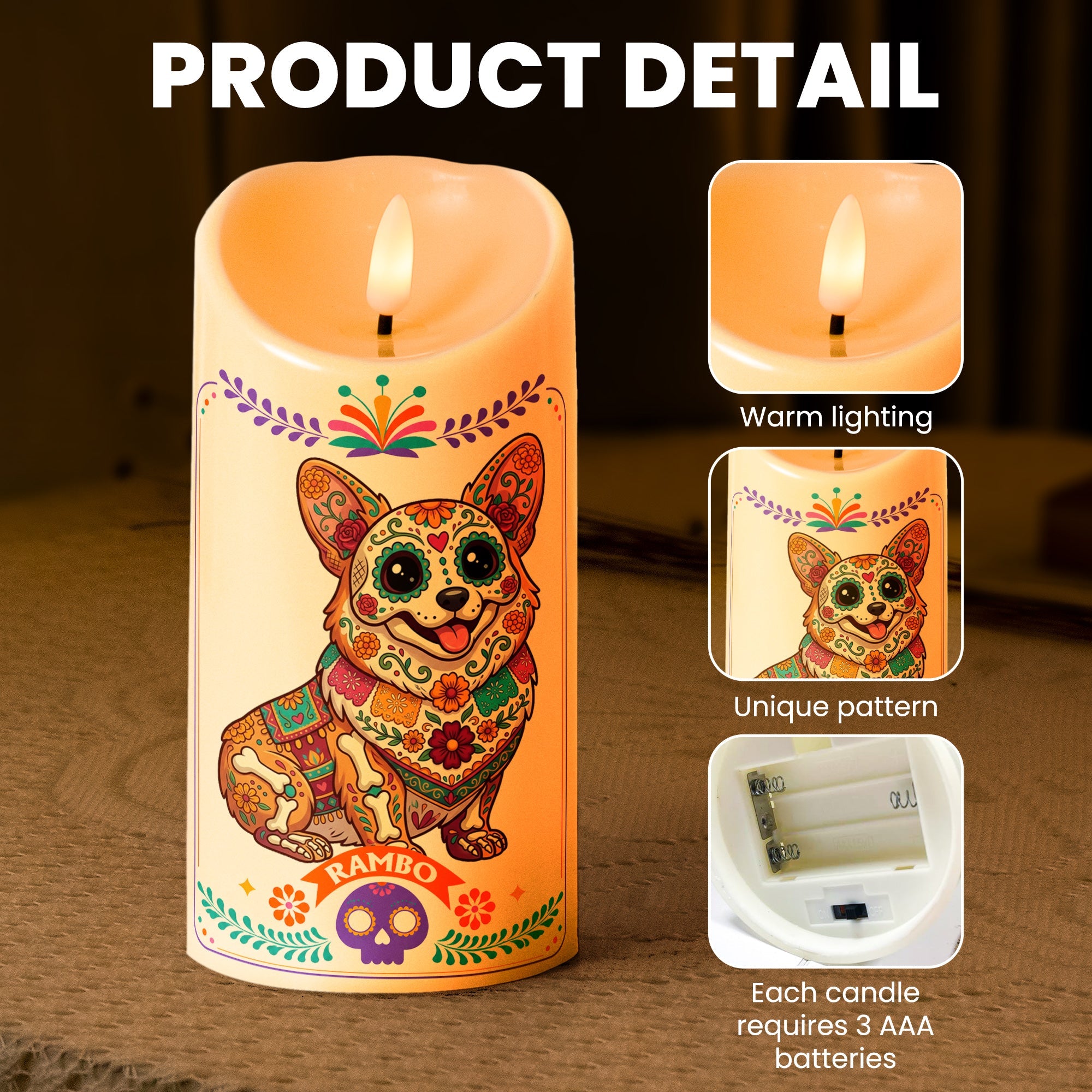 Custom Pet Portrait Day Of The Dead Mexican Hispanic Style - Personalized Candles