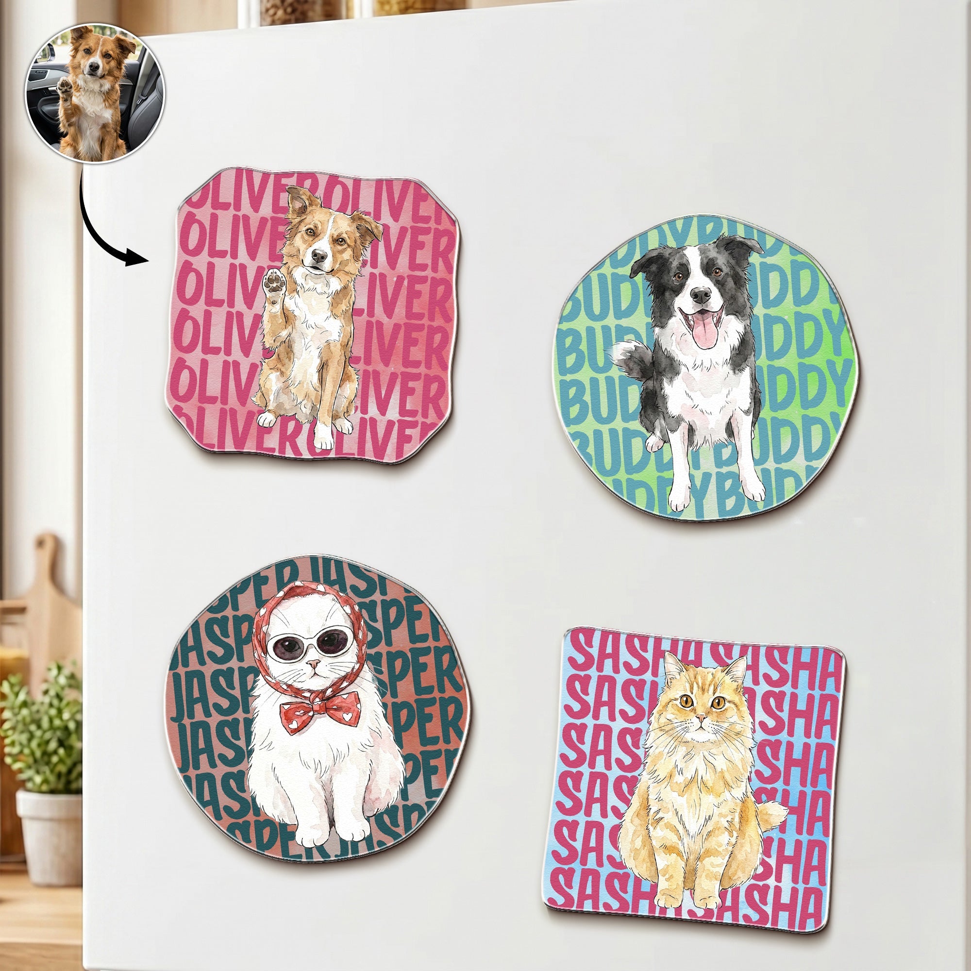 Custom Pet Portrait & Name Colorful Watercolor - Personalized Magnet