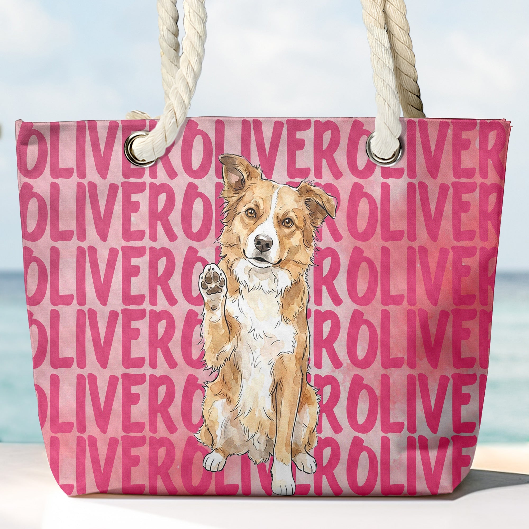 Custom Pet Portrait & Name Watercolor Style - Personalized Beach Bag