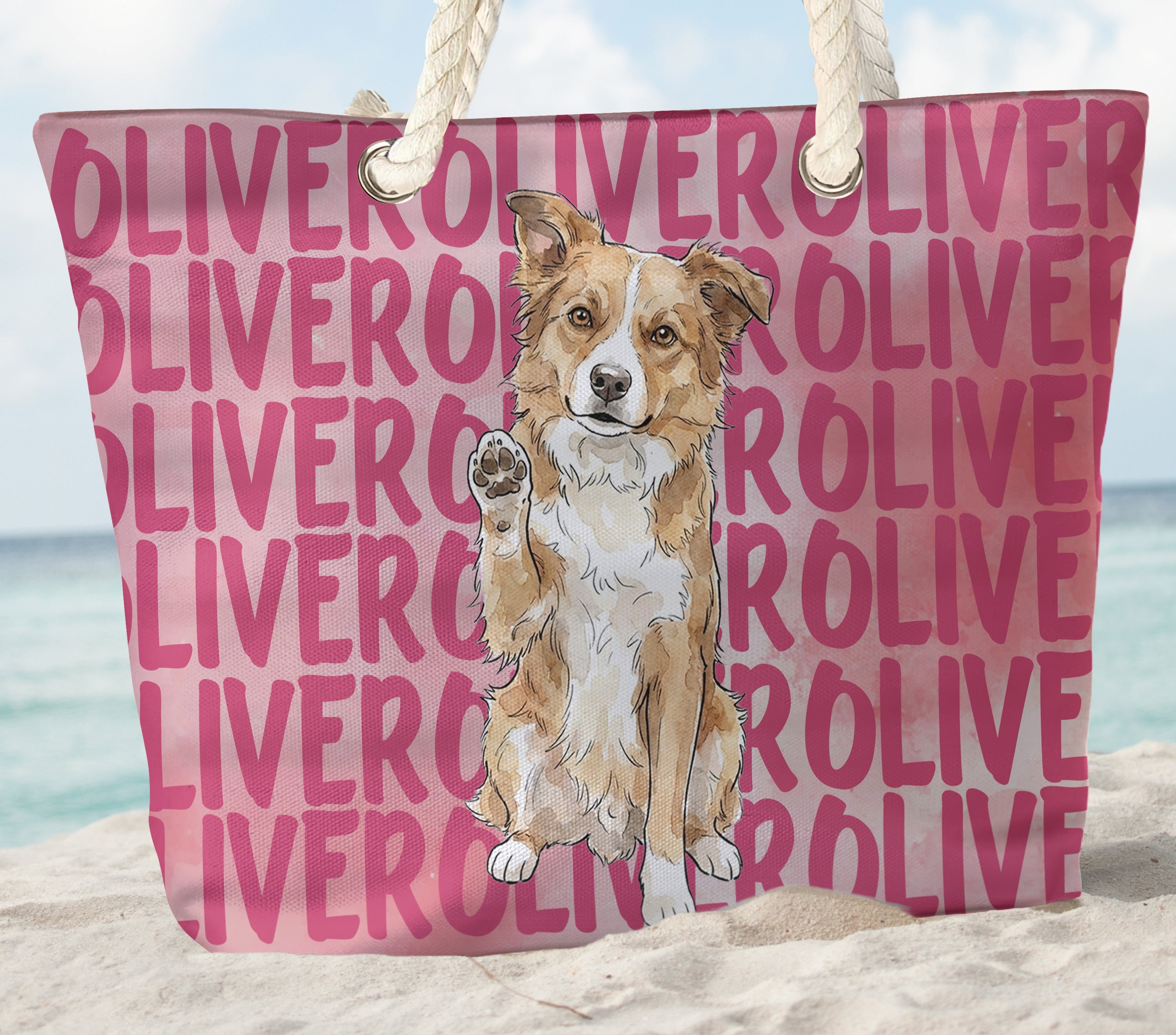 Custom Pet Portrait & Name Watercolor Style - Personalized Beach Bag