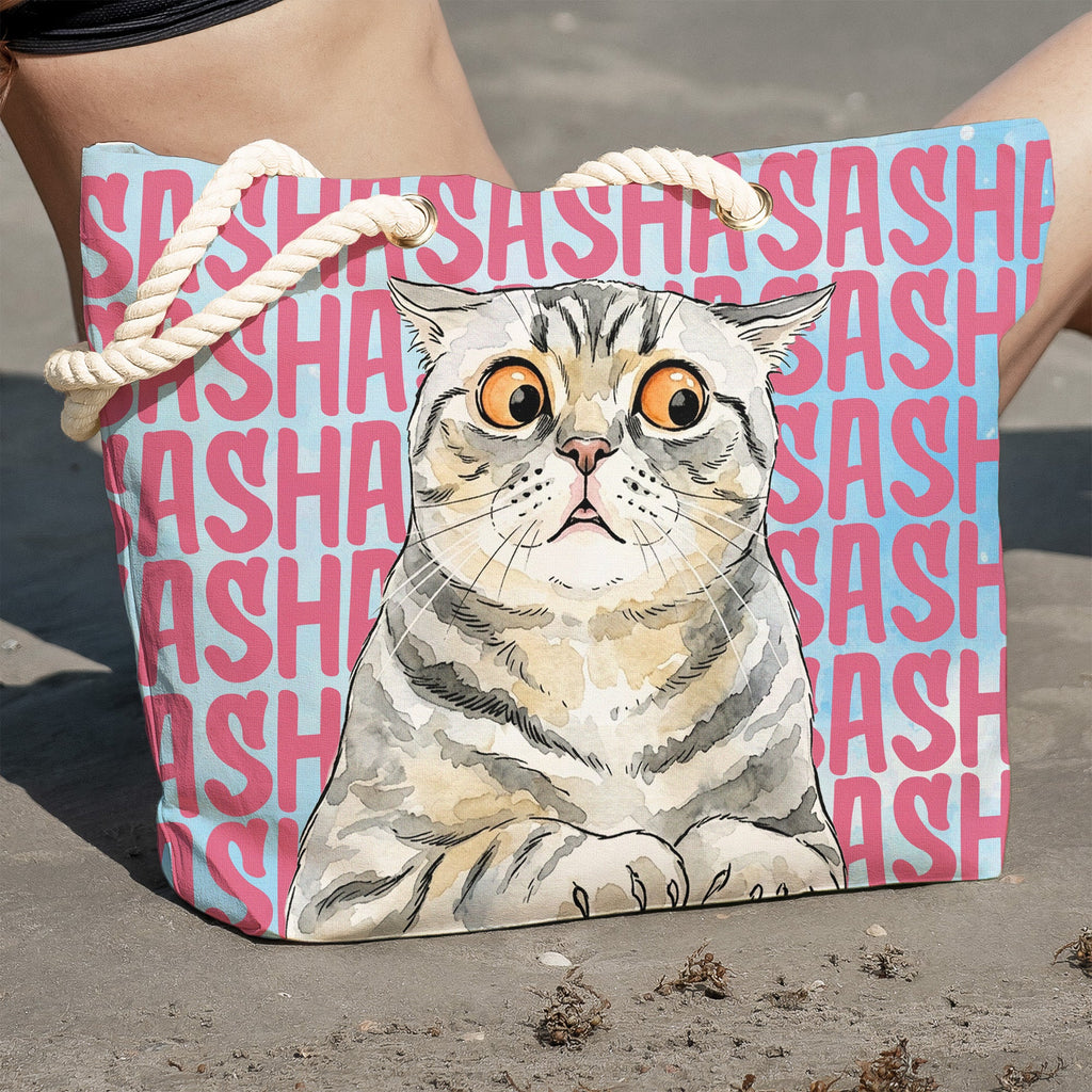 Custom Pet Portrait & Name Watercolor Style - Personalized Beach Bag