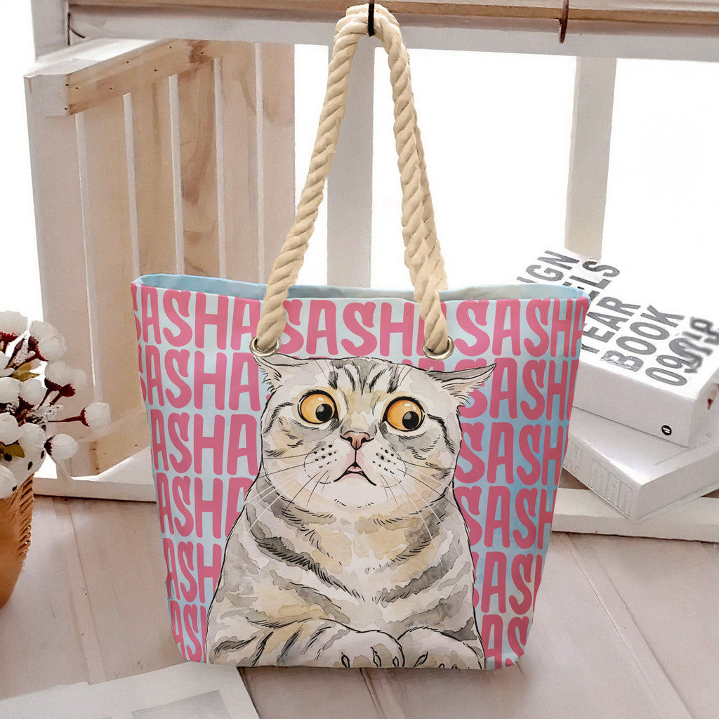 Custom Pet Portrait & Name Watercolor Style - Personalized Beach Bag