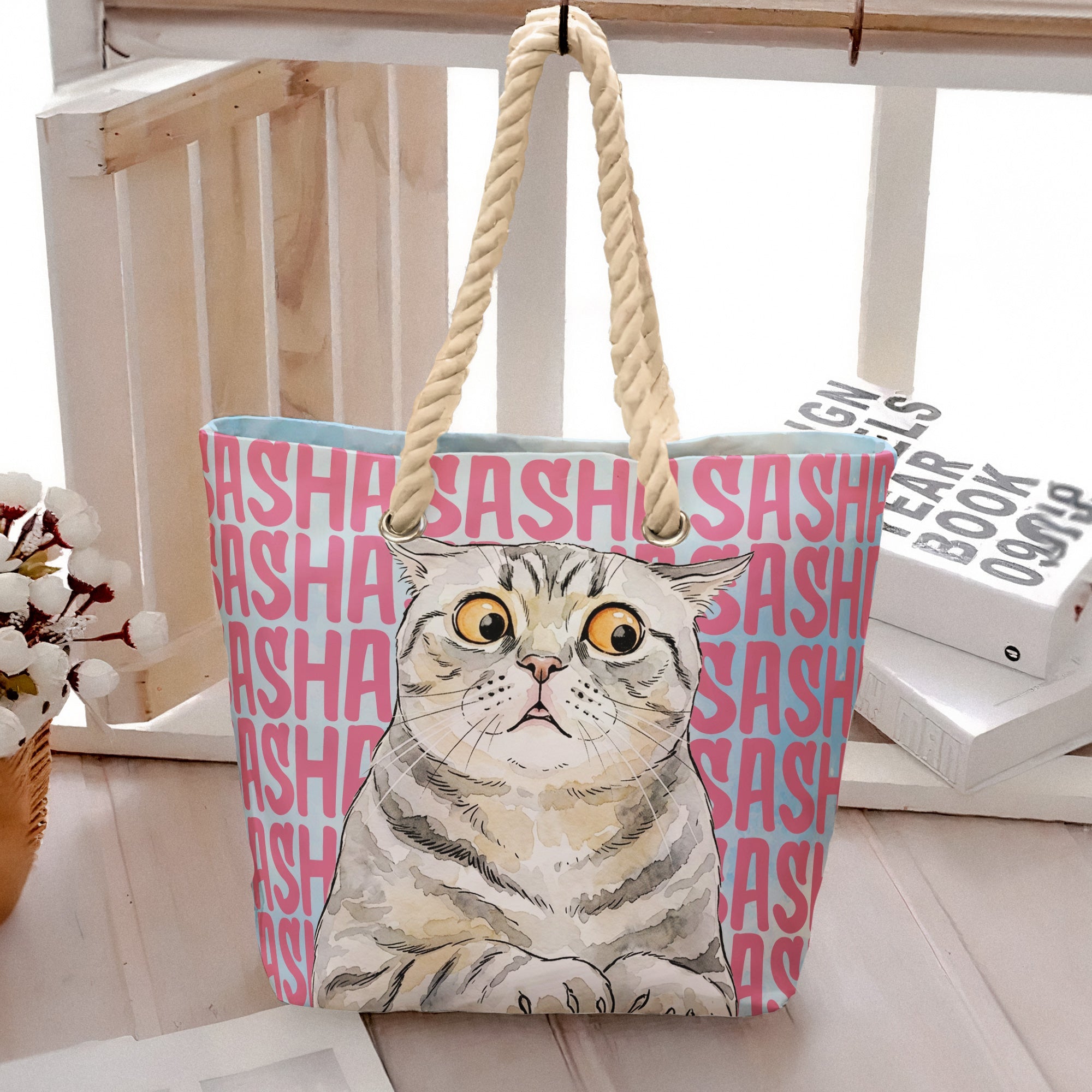 Custom Pet Portrait & Name Watercolor Style - Personalized Beach Bag