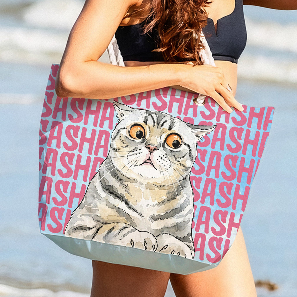 Custom Pet Portrait & Name Watercolor Style - Personalized Beach Bag