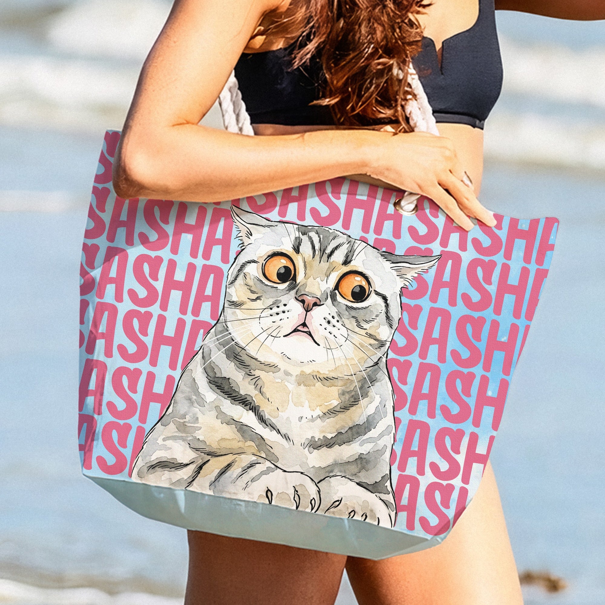 Custom Pet Portrait & Name Watercolor Style - Personalized Beach Bag